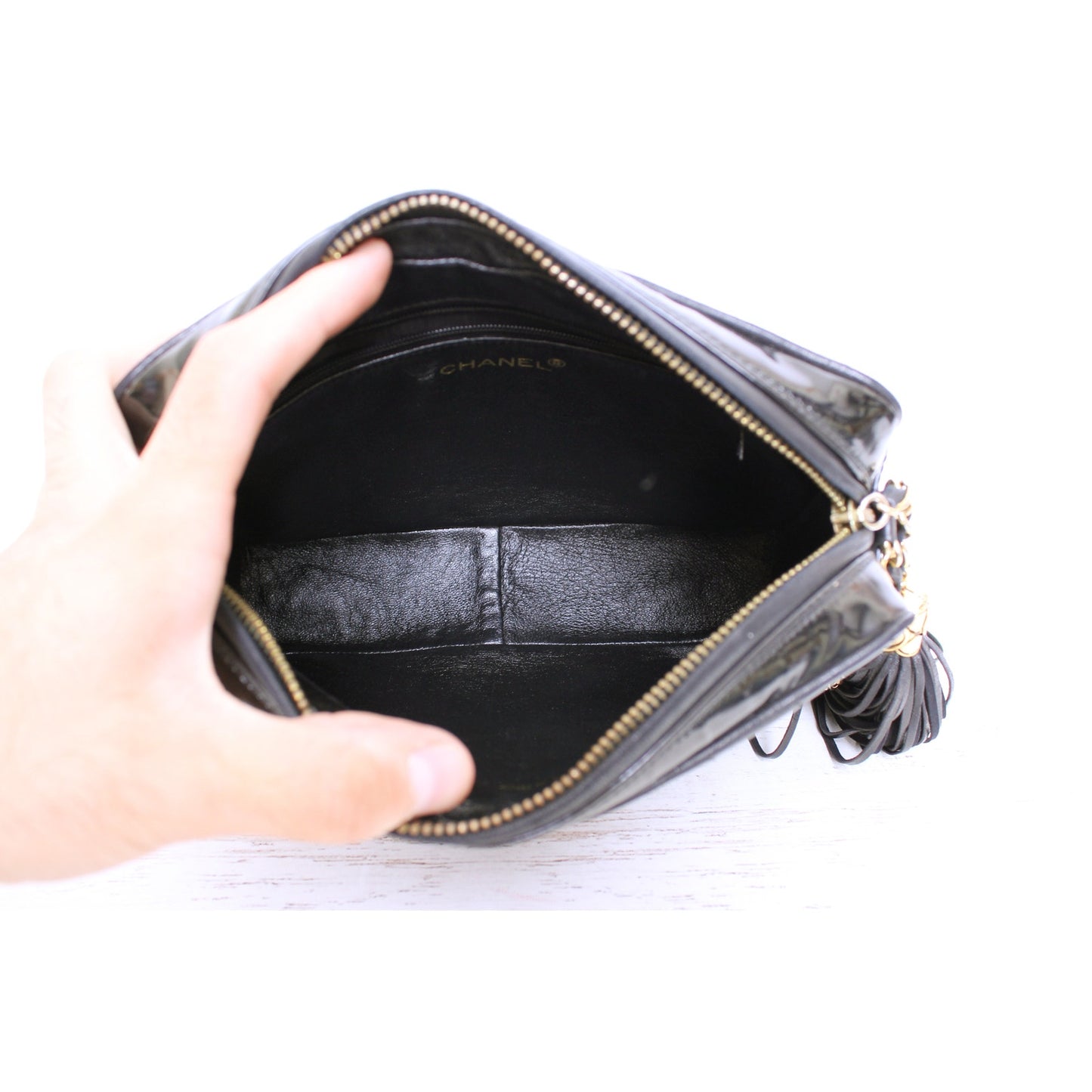 Chanel CC Black Patent Leather Camera Bag Shoulder Crossbody Purse A4959