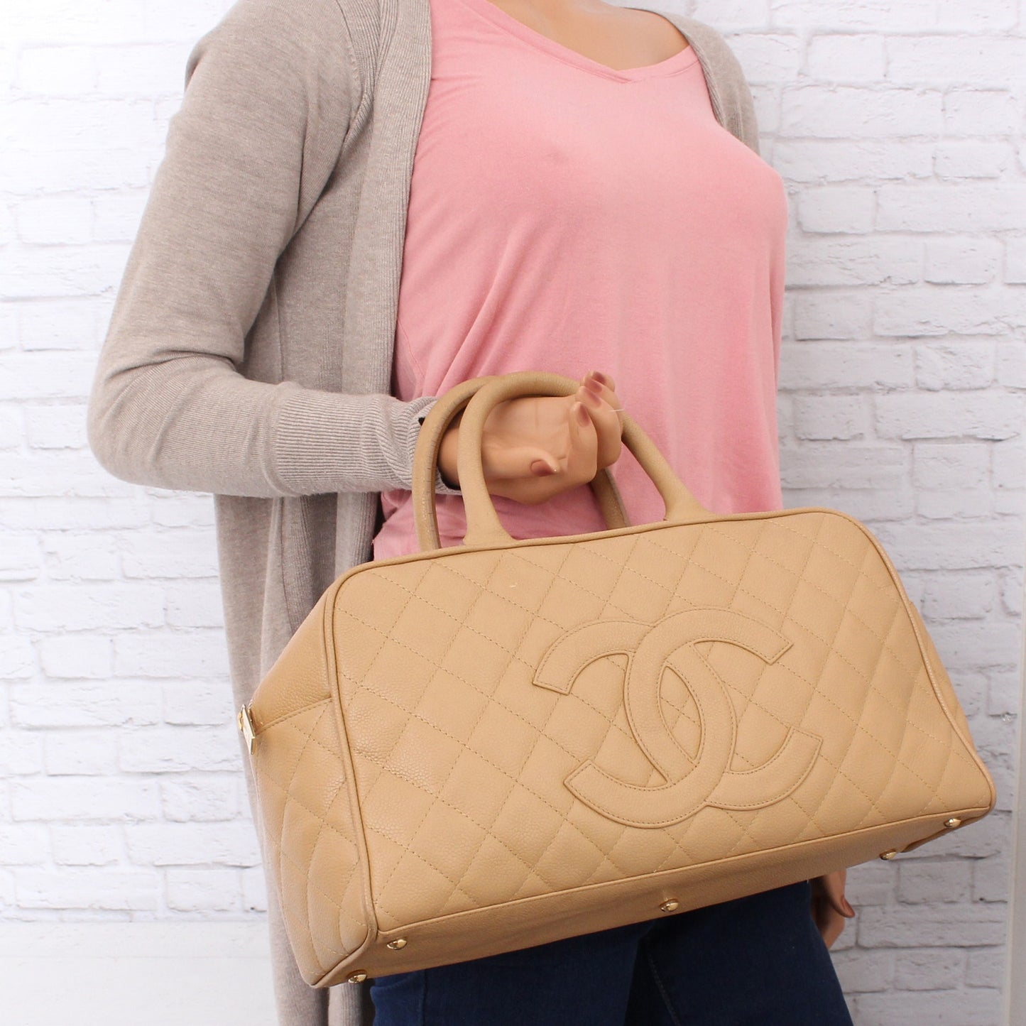 Chanel CC Bowler Boston Bag Beige Caviar Leather Bag Handbag Satchel A3507