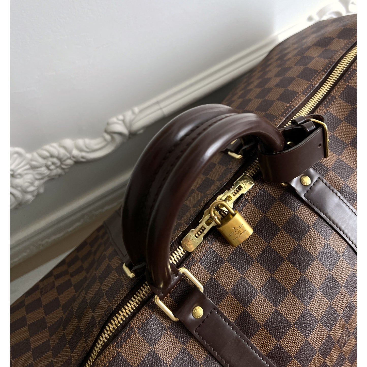 Authentic Louis Vuitton Keepall Bandouliere 55 Damier Ebene Travel Bag