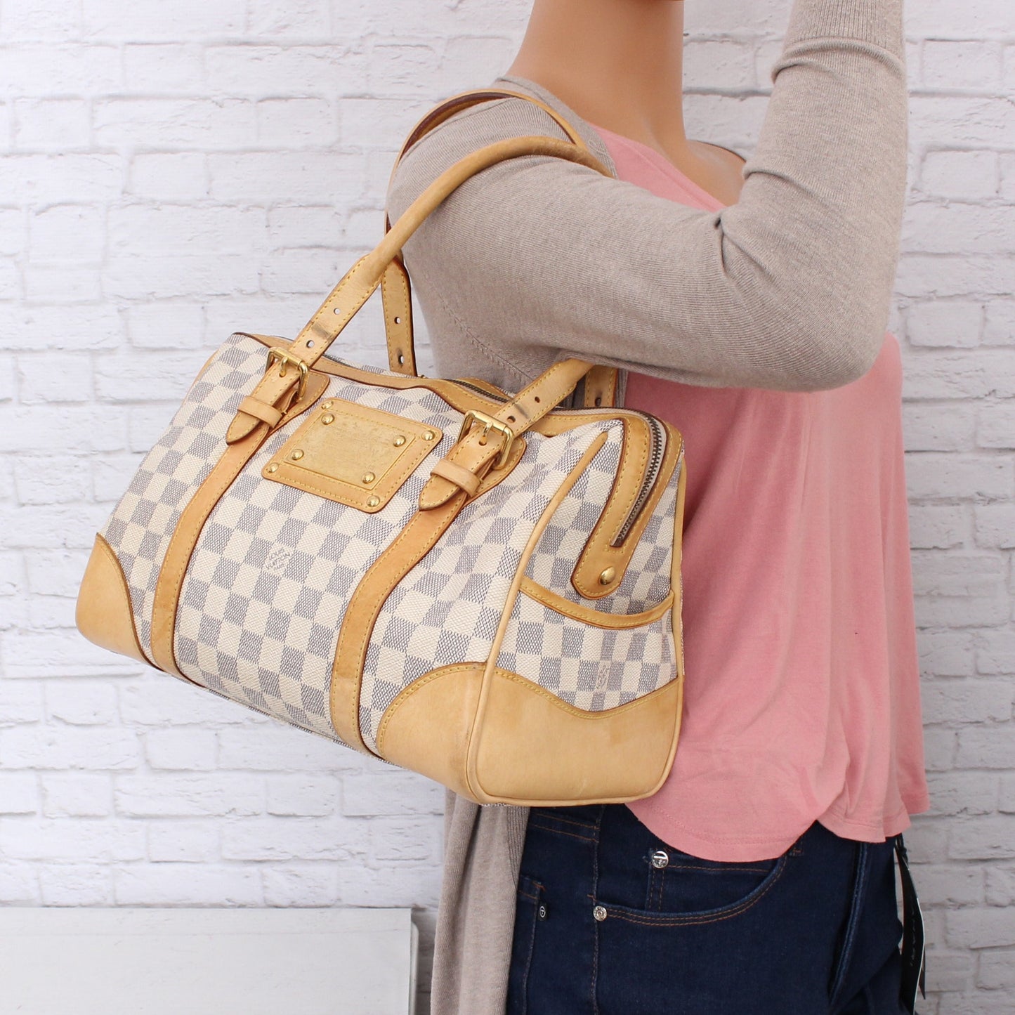 Louis Vuitton Berkeley Damier Azur Tote Shoulder Bag White Boston Duffle A5343