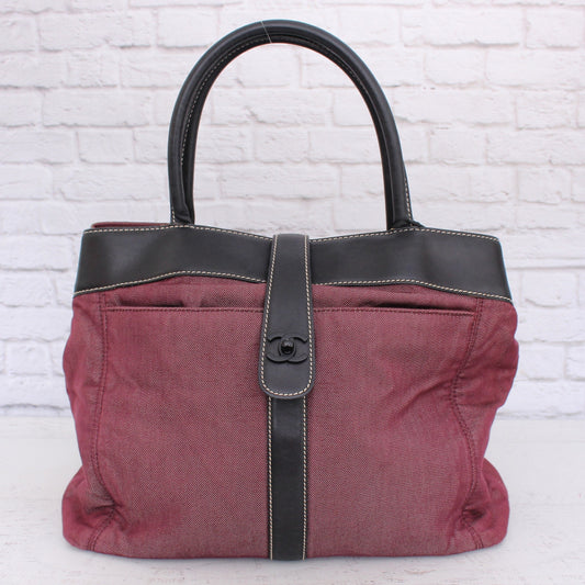 Chanel Tote Burgundy Denim Shoulder Bag Handbag Purse A4733