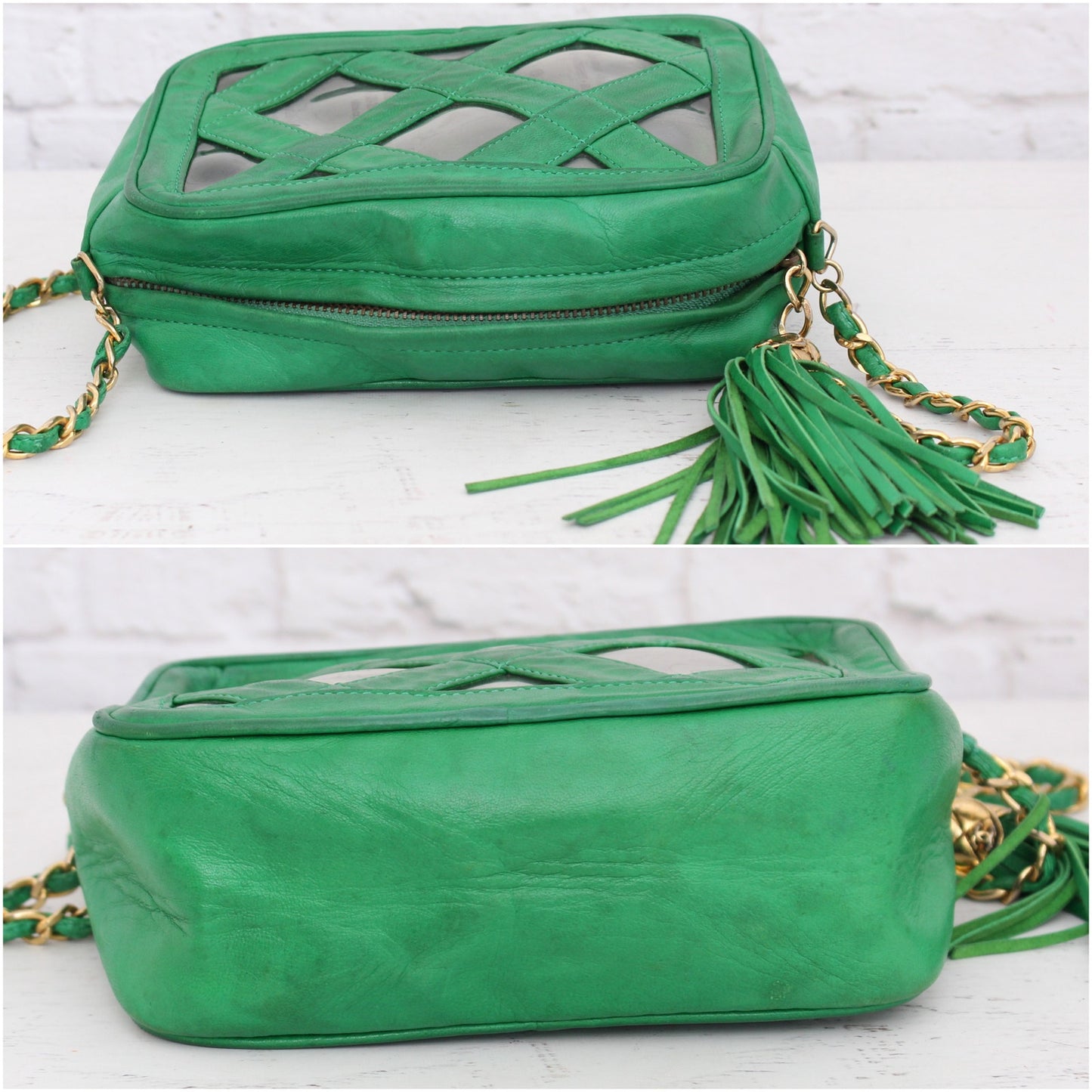 Chanel Vintage PVC Shoulder Bag Green Lambskin Leather Purse A2999