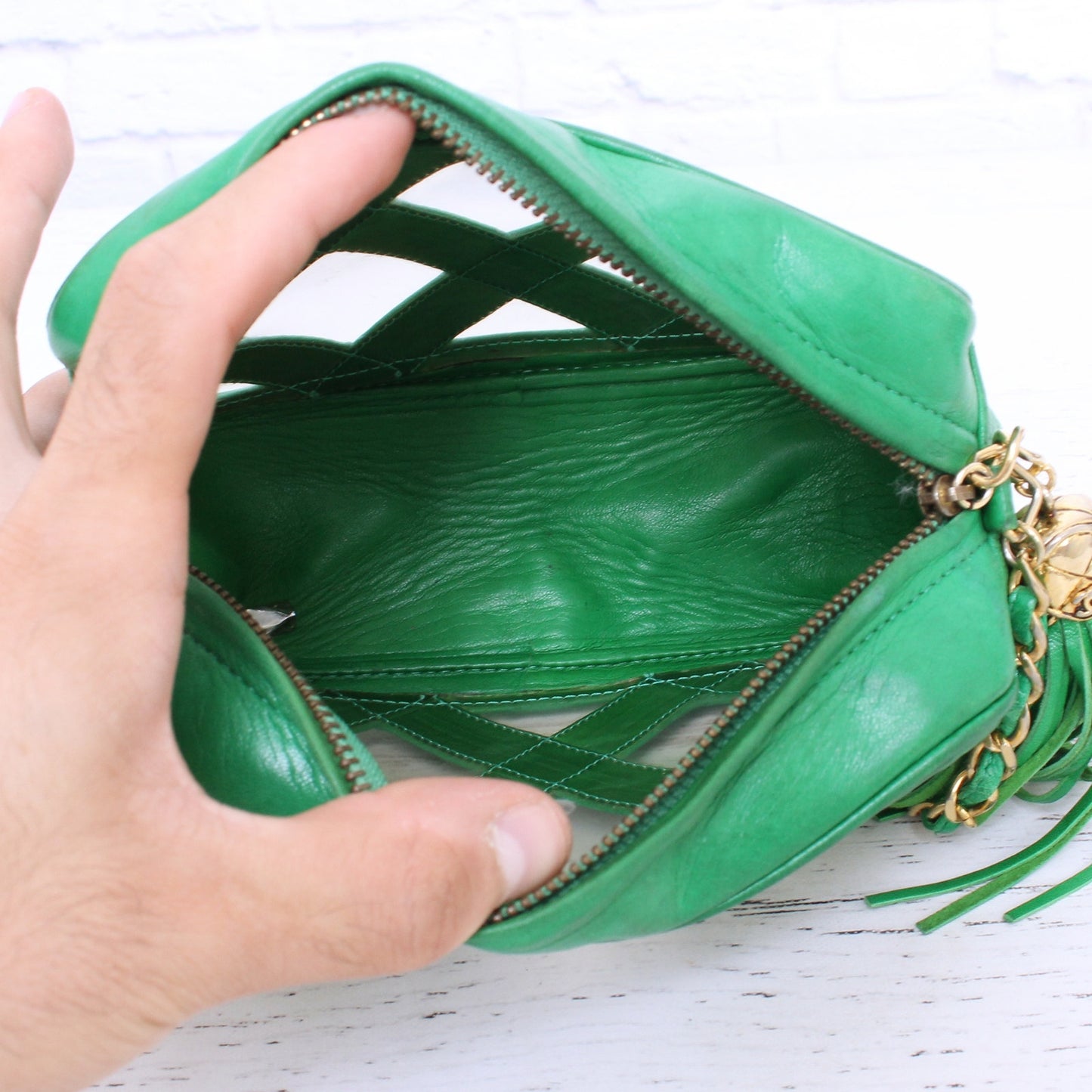 Chanel Vintage PVC Shoulder Bag Green Lambskin Leather Purse A2999