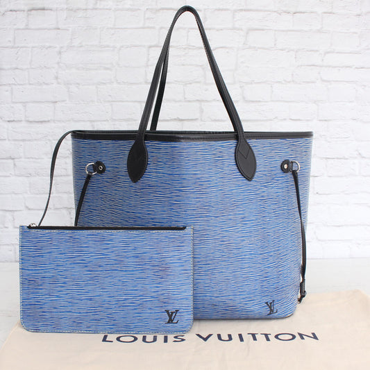 Louis Vuitton Neverfull MM Denim Epi Tote Cherry Blue Leather Shoulder