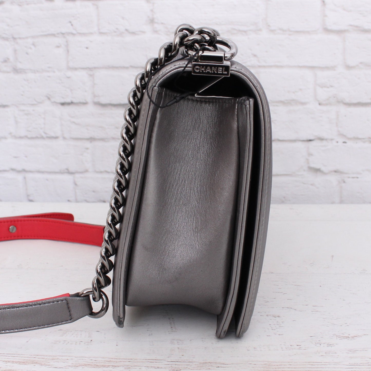 Chanel Boy Bag Cube Grey Lambskin Leather Shoulder Crossbody Purse A4572