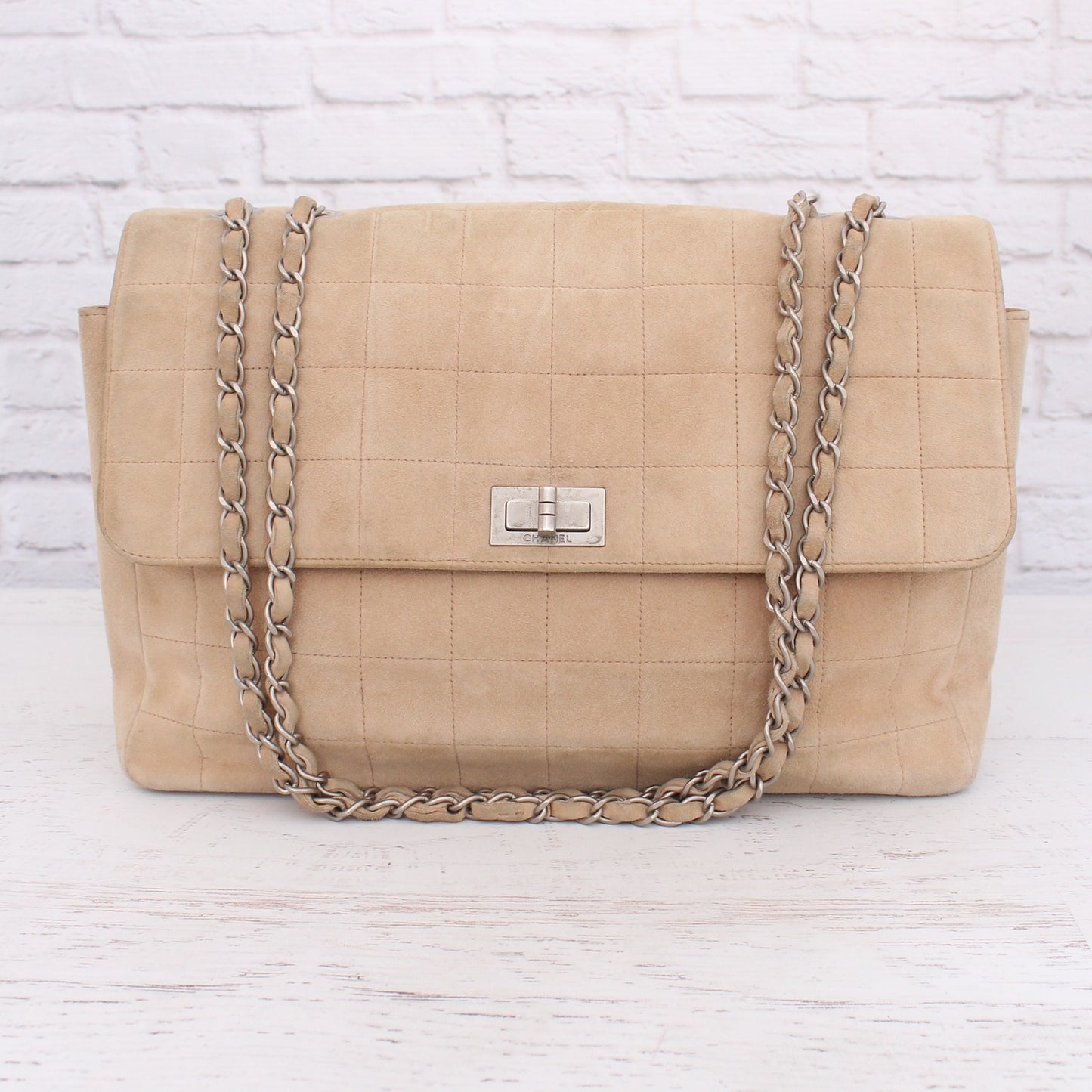 Chanel Chocolate Bar Reissue Multi Pocket Beige Suede Shoulder Crossbody A3212