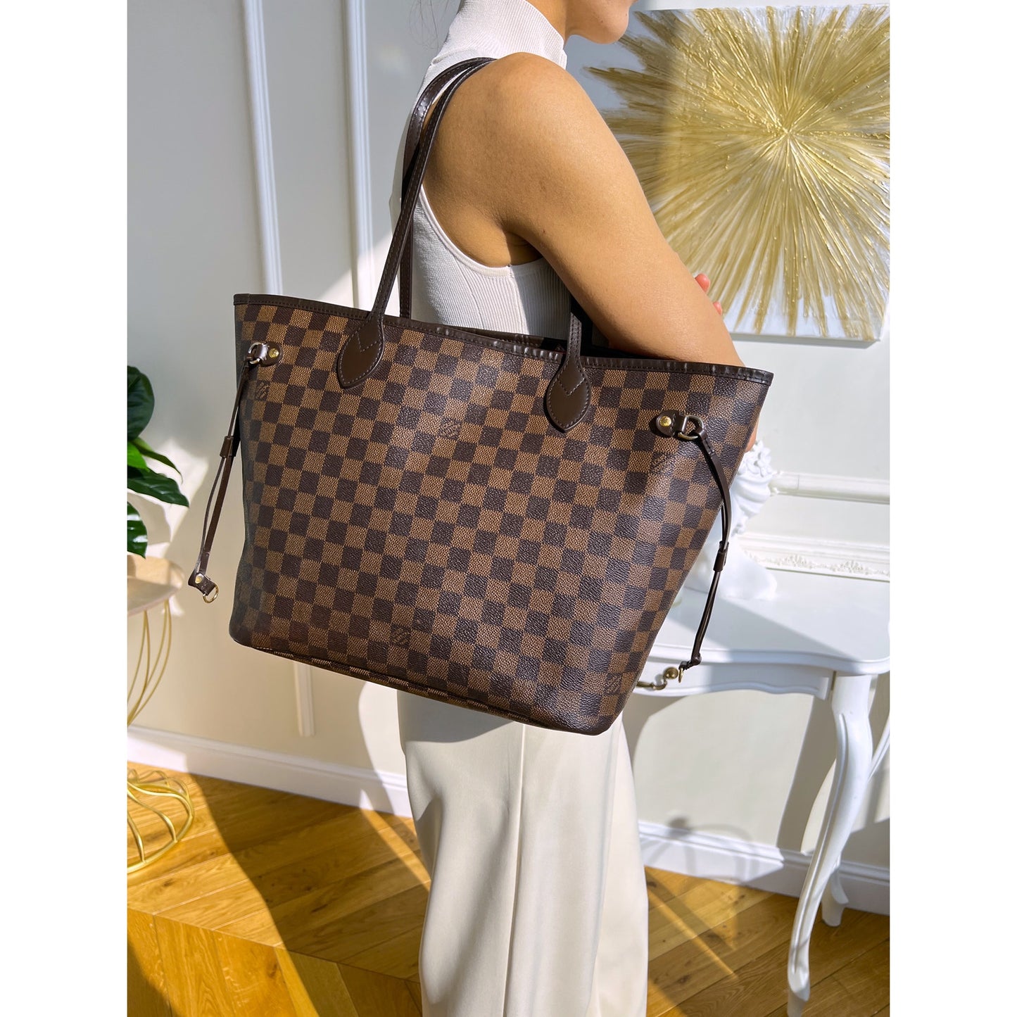 Louis Vuitton Neverfull MM Damier Ebene Leather Tote Shoulder LV Purse