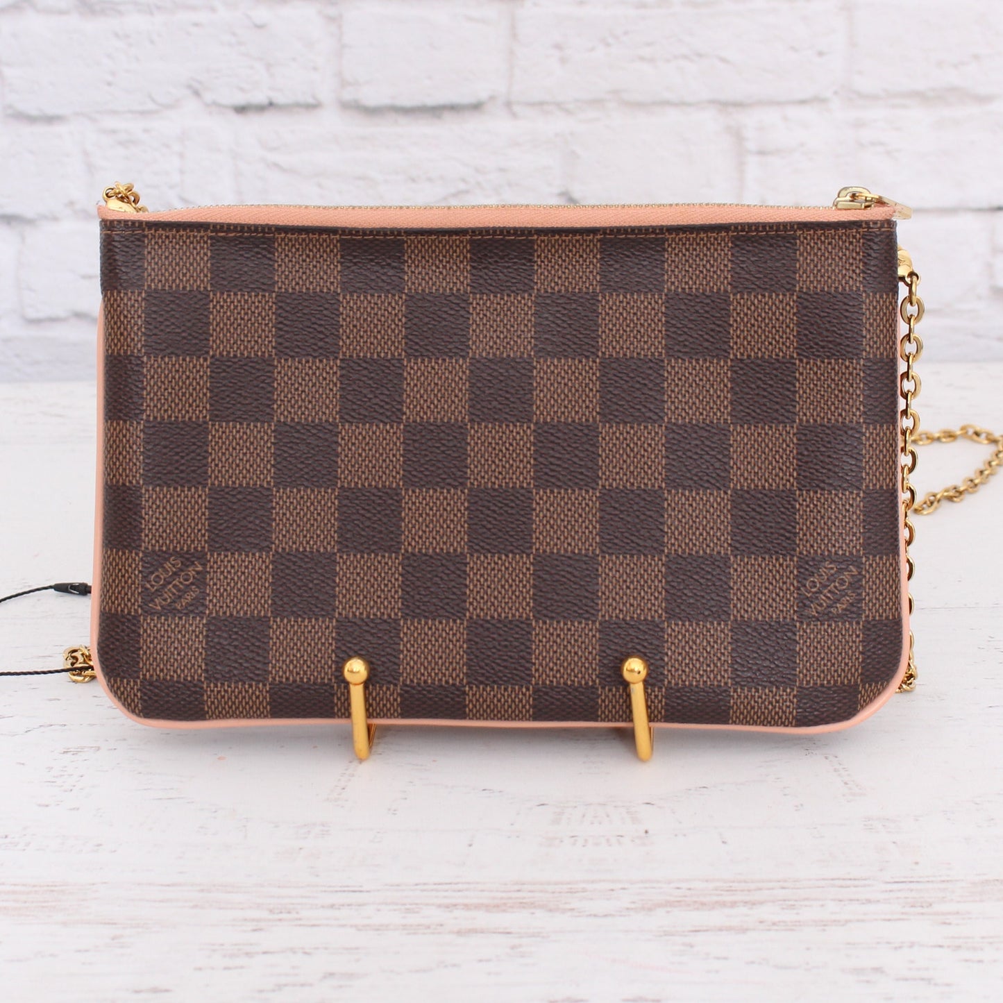 Louis Vuitton Double Zip Pochette Damier Ebene Crossbody Purse Chain A3985
