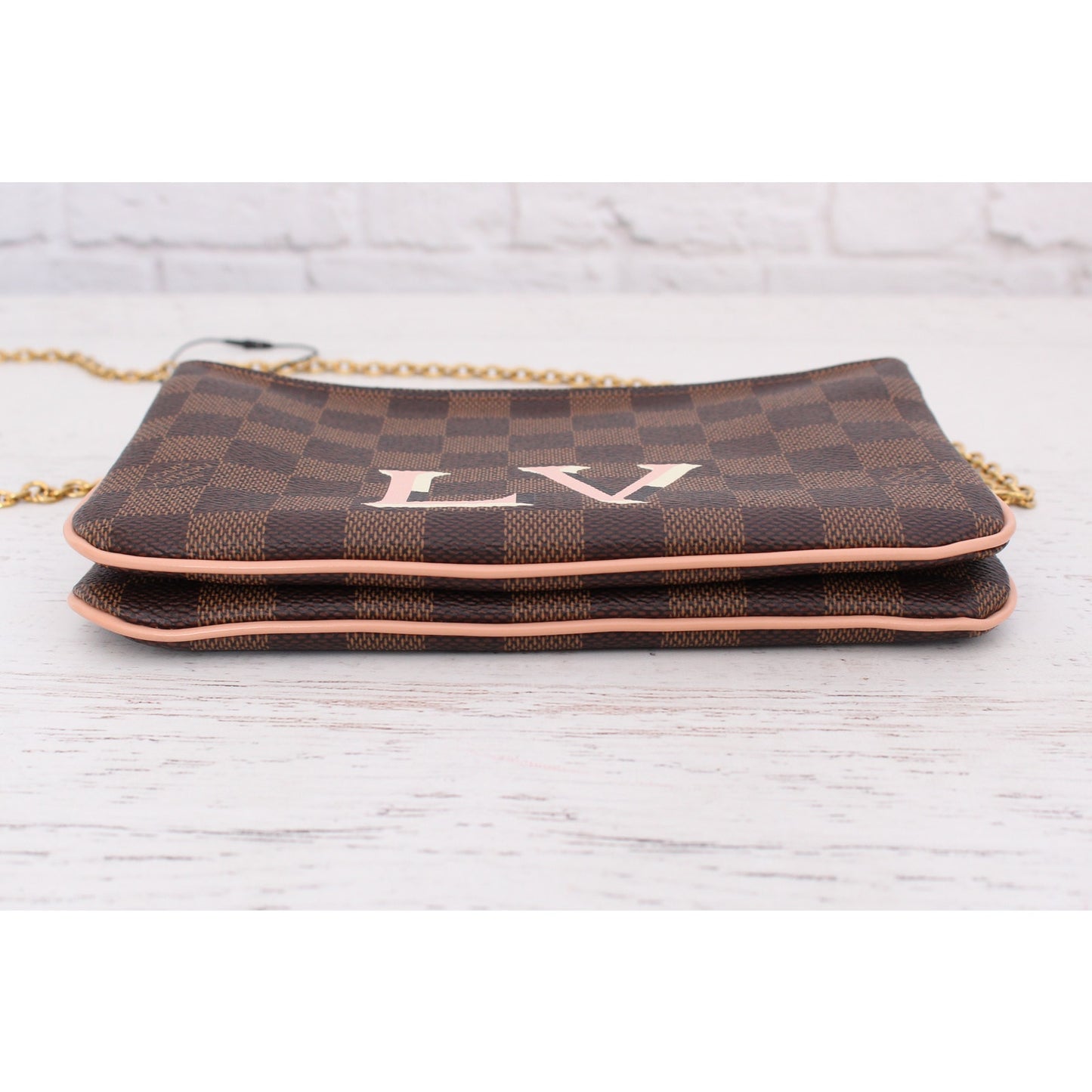 Louis Vuitton Double Zip Pochette Damier Ebene Crossbody Purse Chain A3985