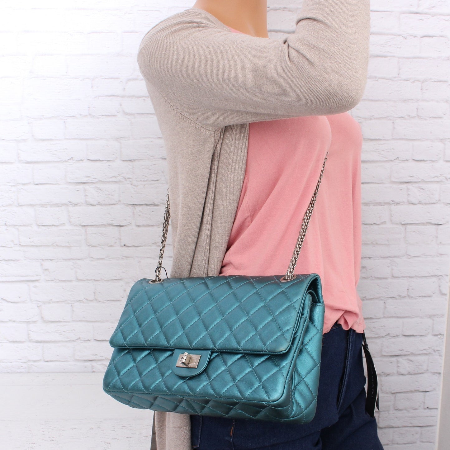 Chanel Classic Double Flap Reissue Metallic Teal Green Leather Crossbody A4713