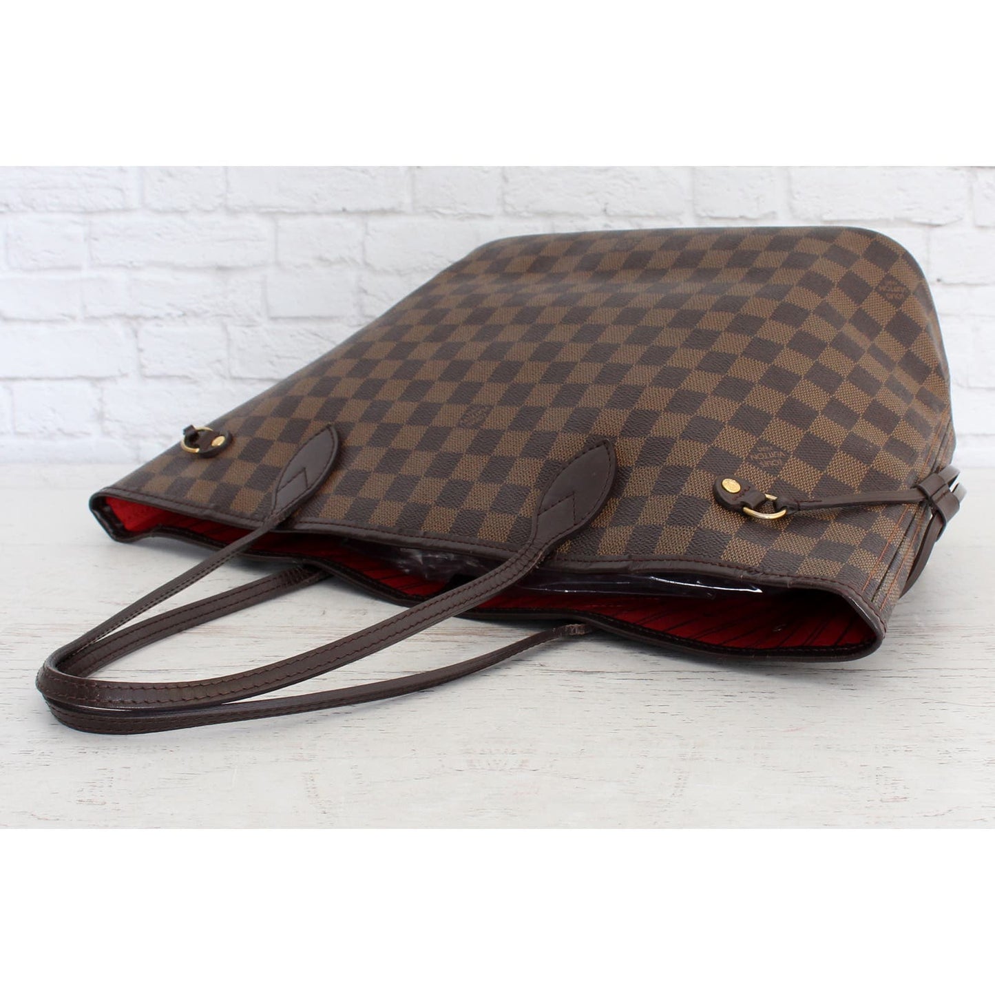 Louis Vuitton Neverfull MM Damier Ebene Tote Cherry Leather Shoulder