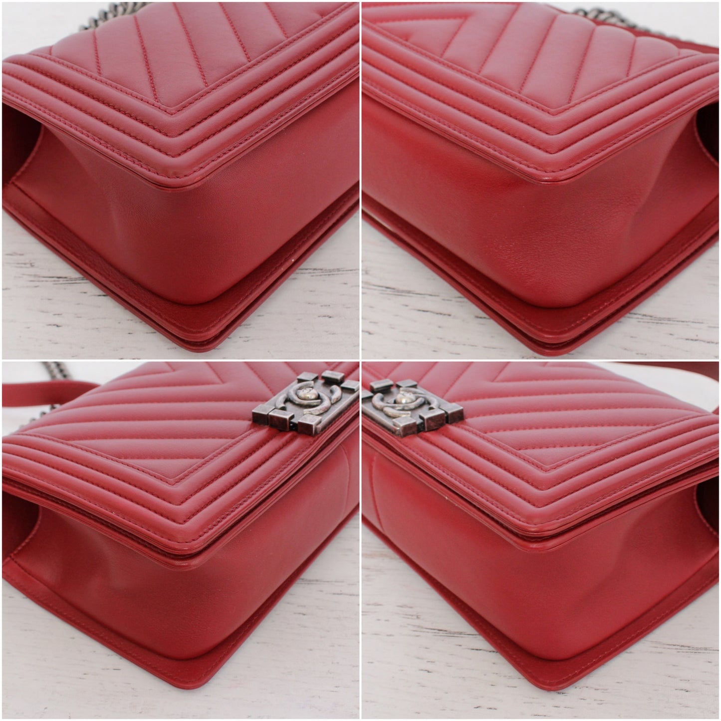 Chanel Boy Bag V Stitch Red Calfskin Leather Shoulder Bag Handbag Purse A4736