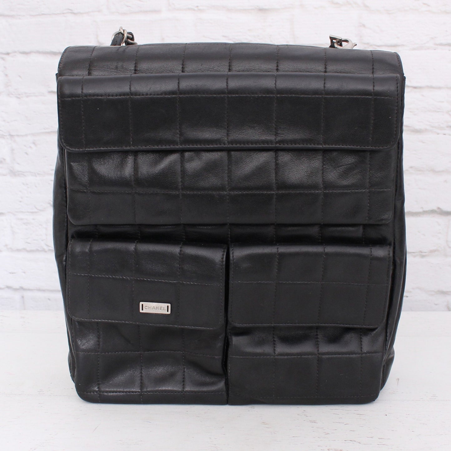 Chanel Chocolate Bar Multi Pocket Black Lambskin Leather Crossbody Purse A2904