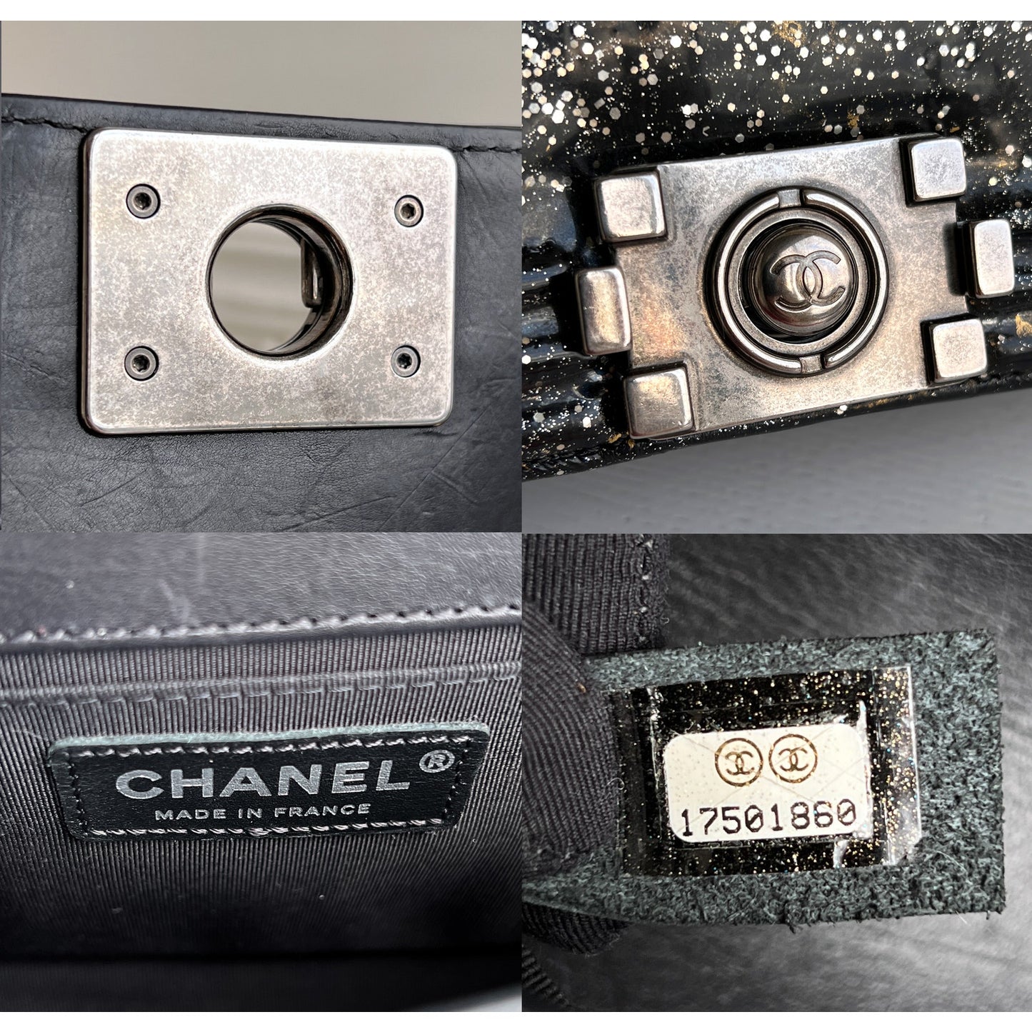 Authentic Chanel Old Boy Medium Crystal Glitter Patent Leather Black