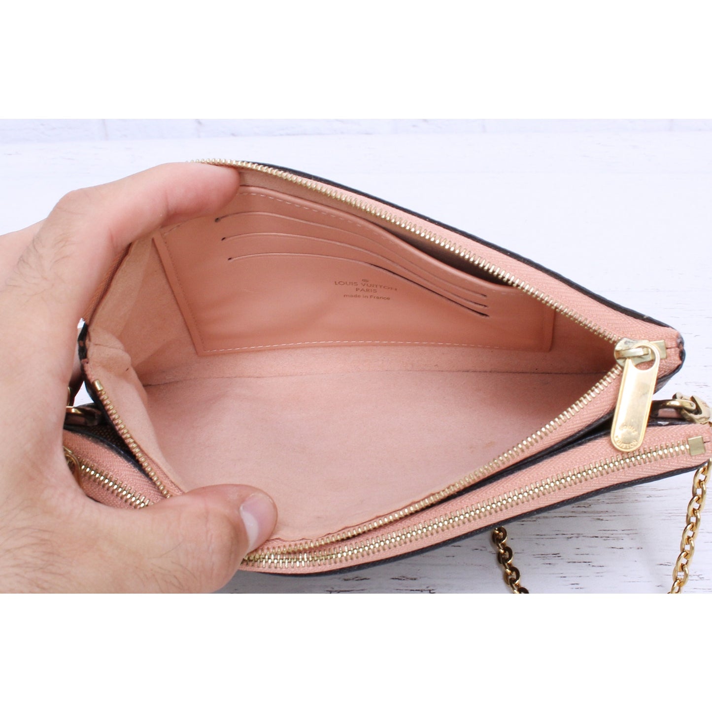 Louis Vuitton Double Zip Pochette Damier Ebene Crossbody Purse Chain A3985