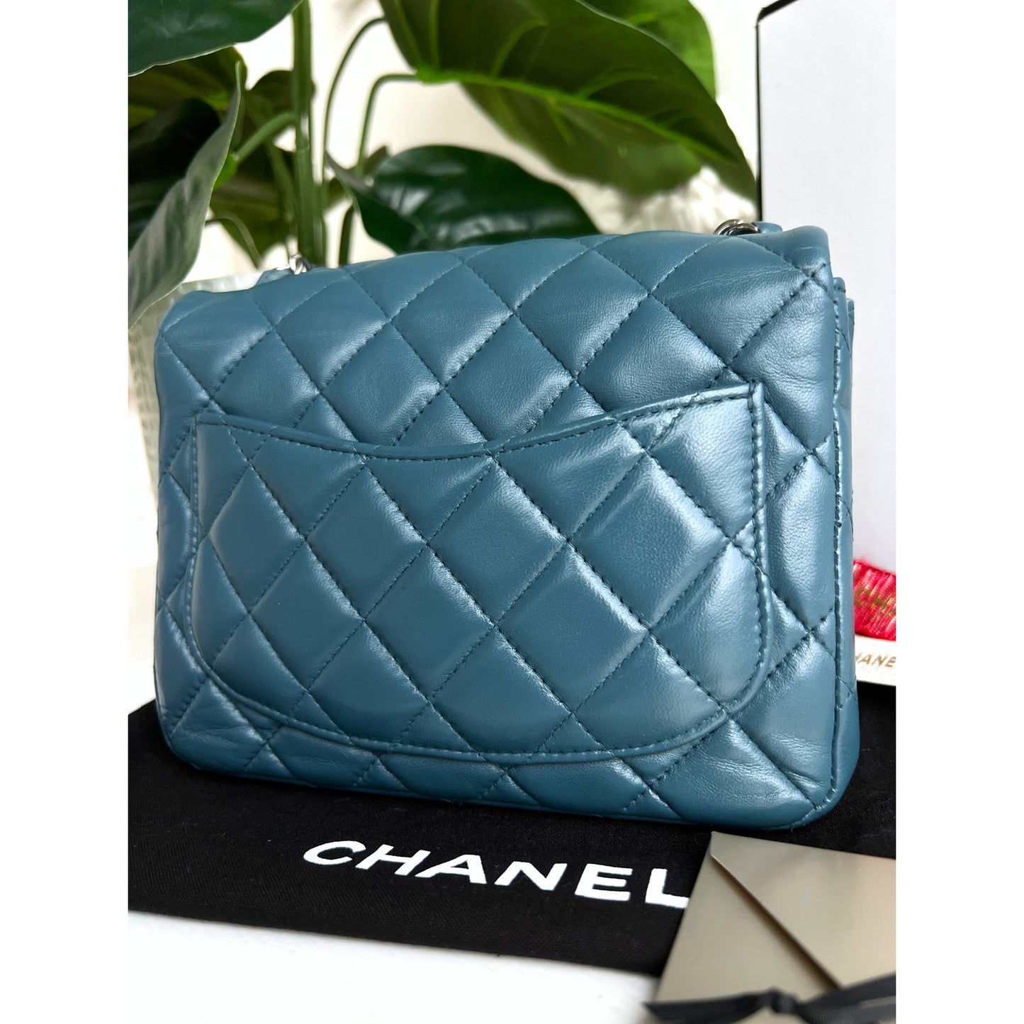 Authentic Chanel Classic Flap Mini Blue Crossbody Square Lambskin Bag B0821