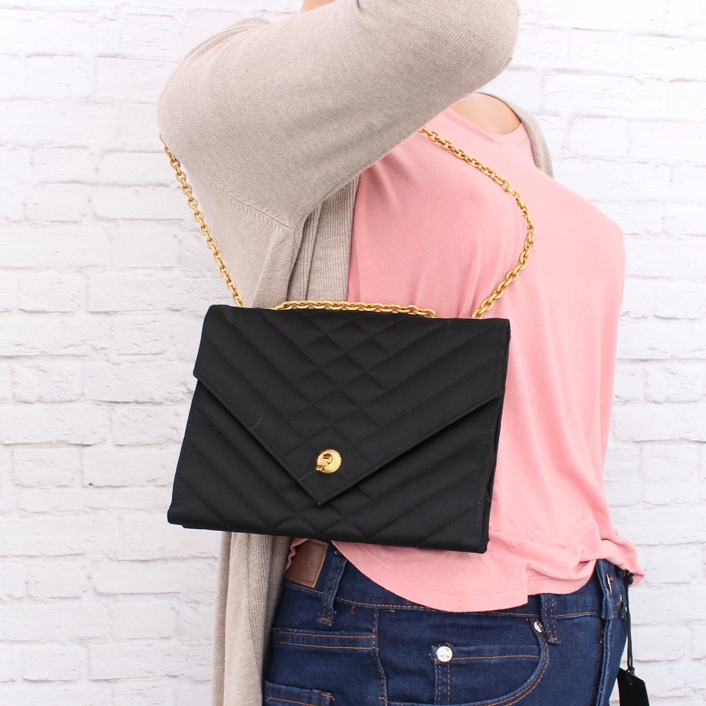 Chanel Envelope Flap V Stitch Black Nylon Fabric Shoulder Handbag Purse A4055