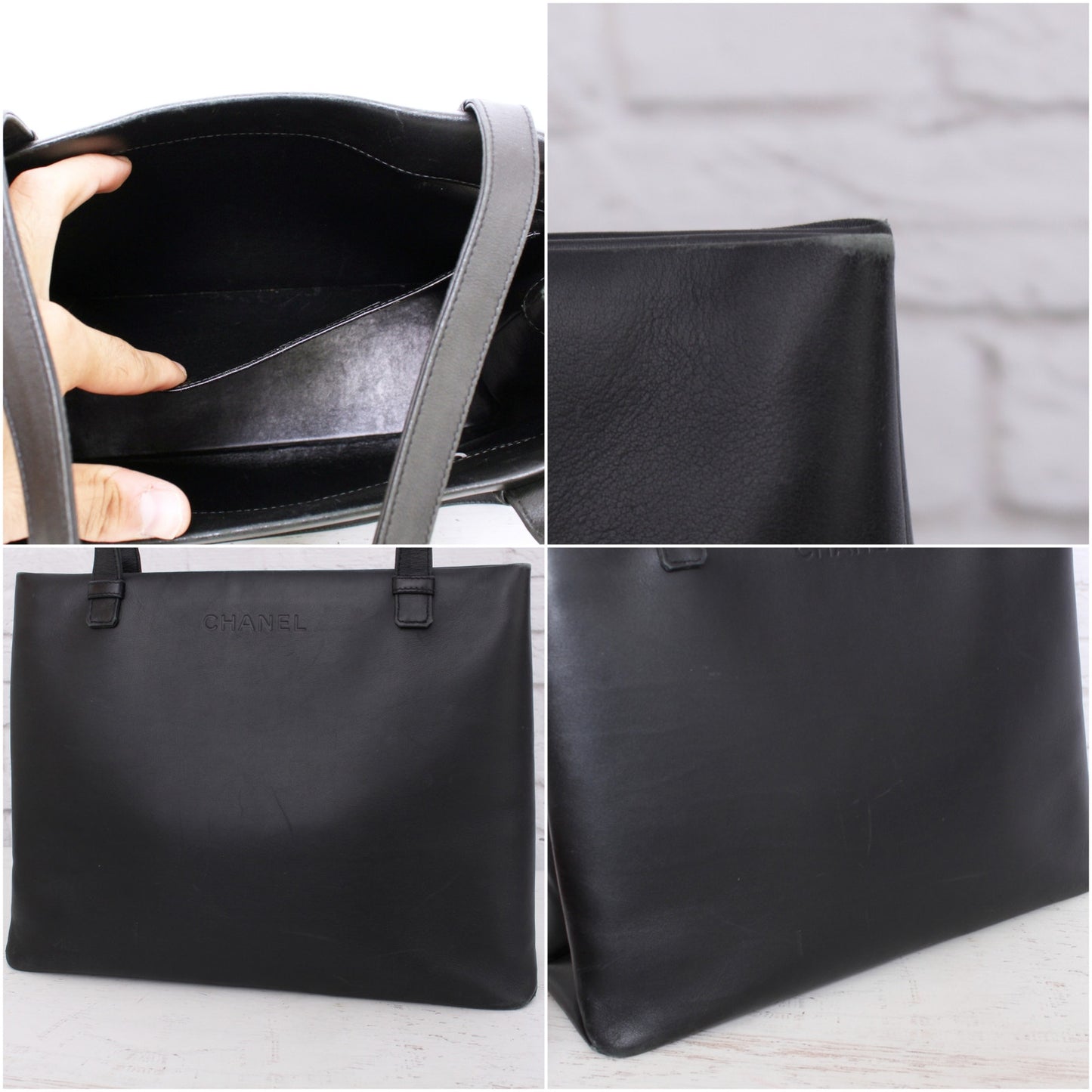 Chanel Tote Bag Black Leather Shoulder Handbag Purse A3587