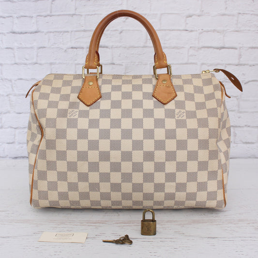 Louis Vuitton Speedy 30 Damier Azur Satchel White Tote Boston Leather