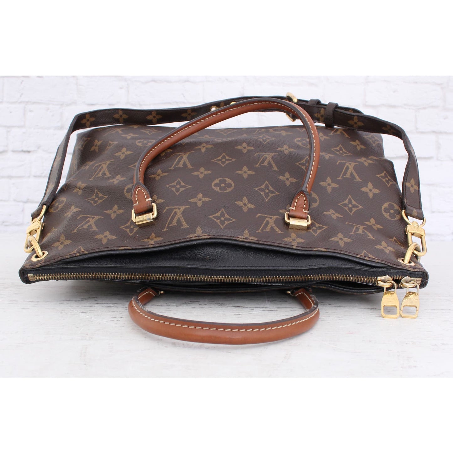 Louis Vuitton Pallas MM Noir Monogram Shoulder Bag Brown Satchel Purse