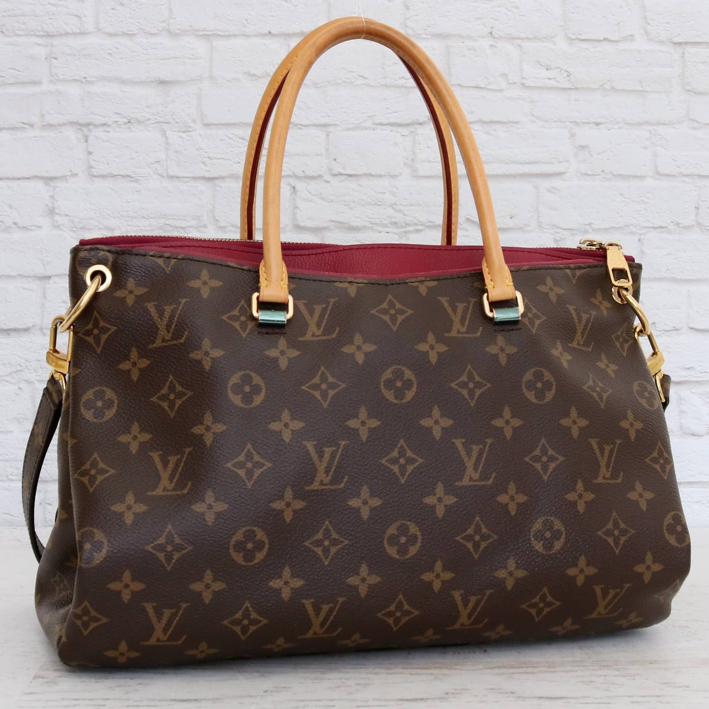 Louis Vuitton Pallas MM Monogram Shoulder Bag Purple Brown Satchel Zip