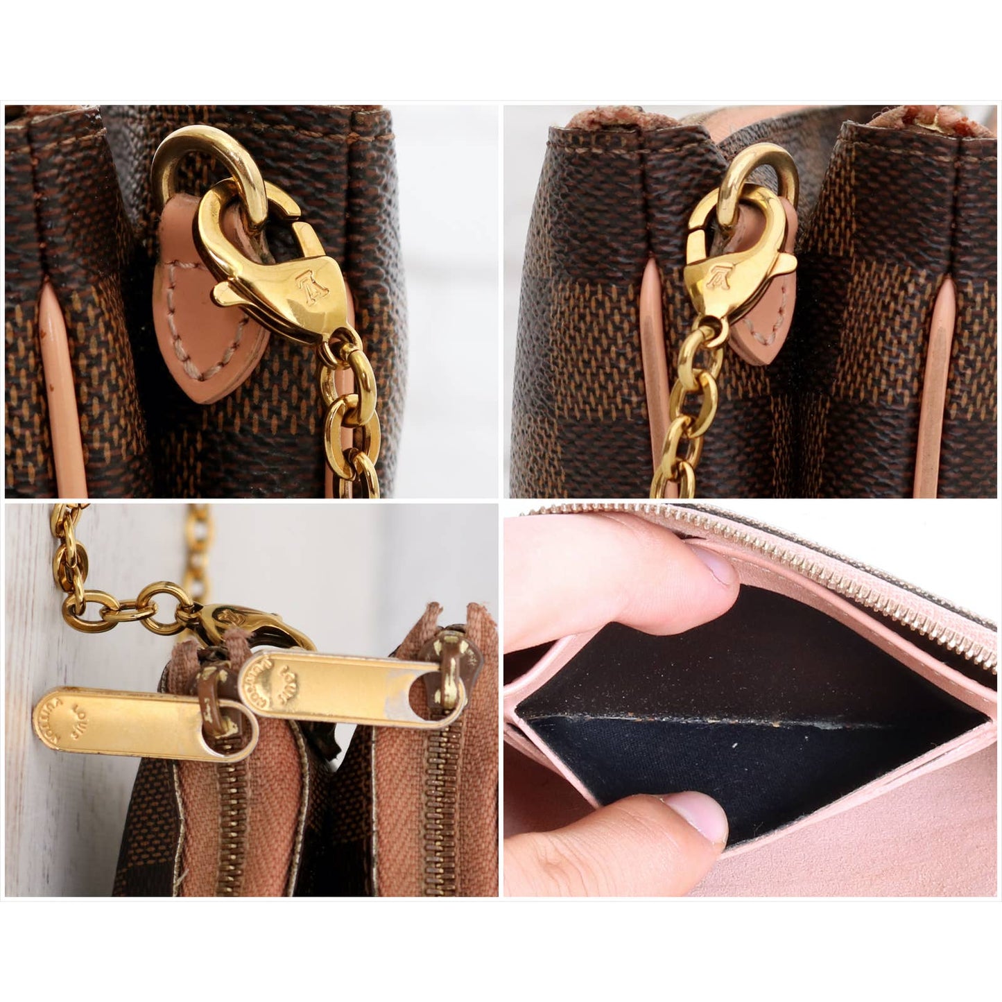 Louis Vuitton Double Zip Pochette Damier Ebene Crossbody Purse Chain