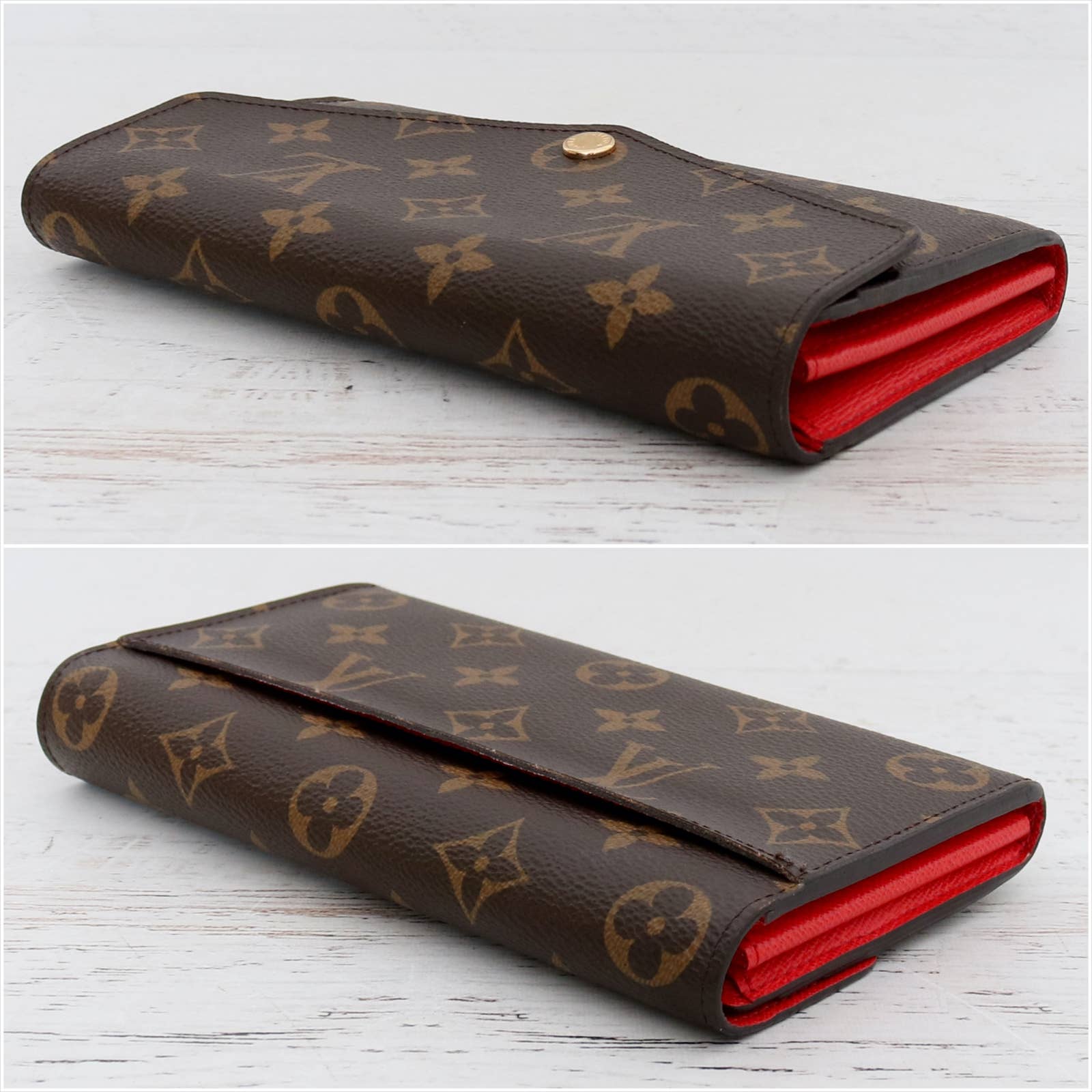 Louis Vuitton Sarah Wallet Monogram Leather Card Brown Red Zip Bag