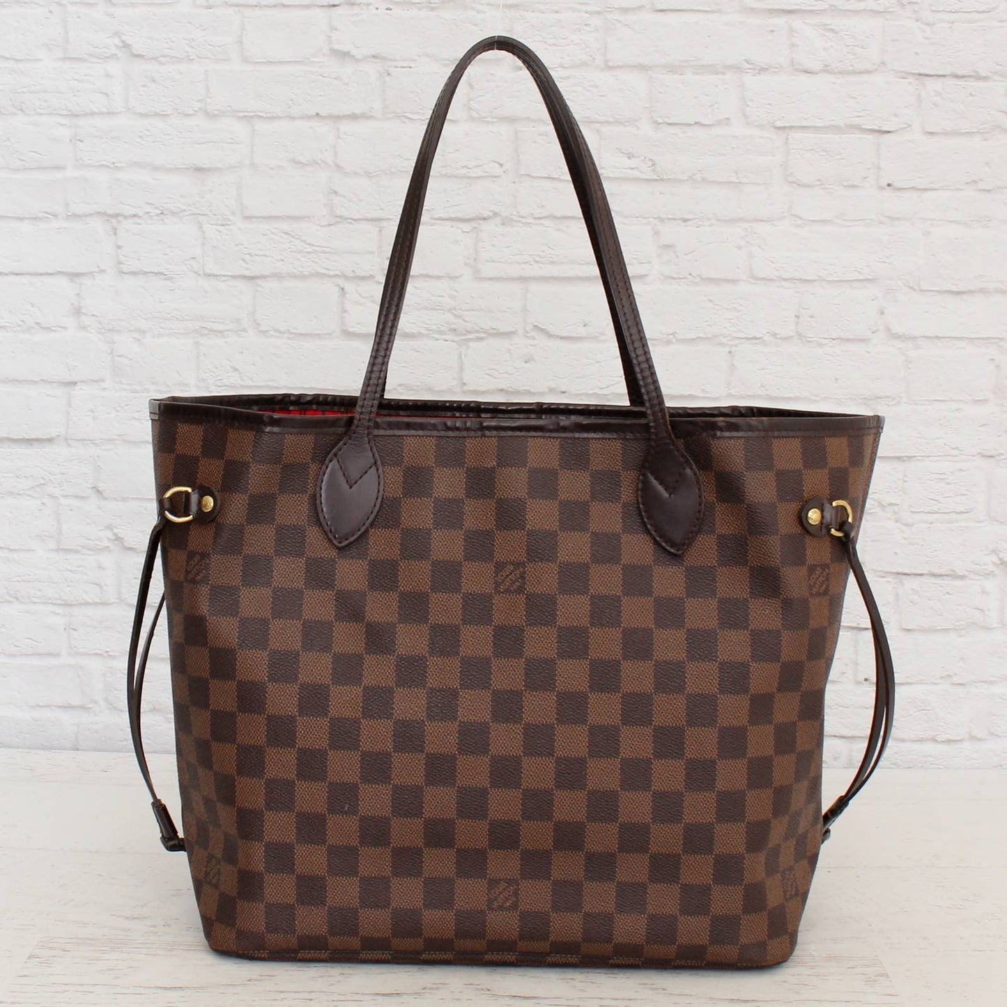 Louis Vuitton Neverfull MM Damier Ebene Cherry Red Leather Shoulder LV