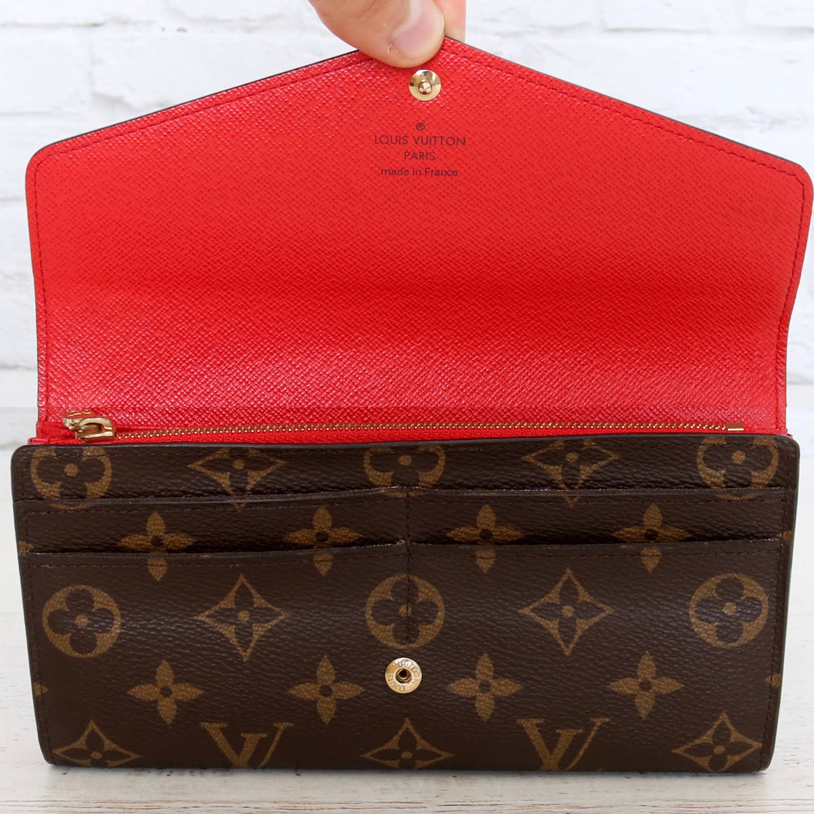 Louis Vuitton Sarah Wallet Monogram Leather Card Brown Red Zip Bag