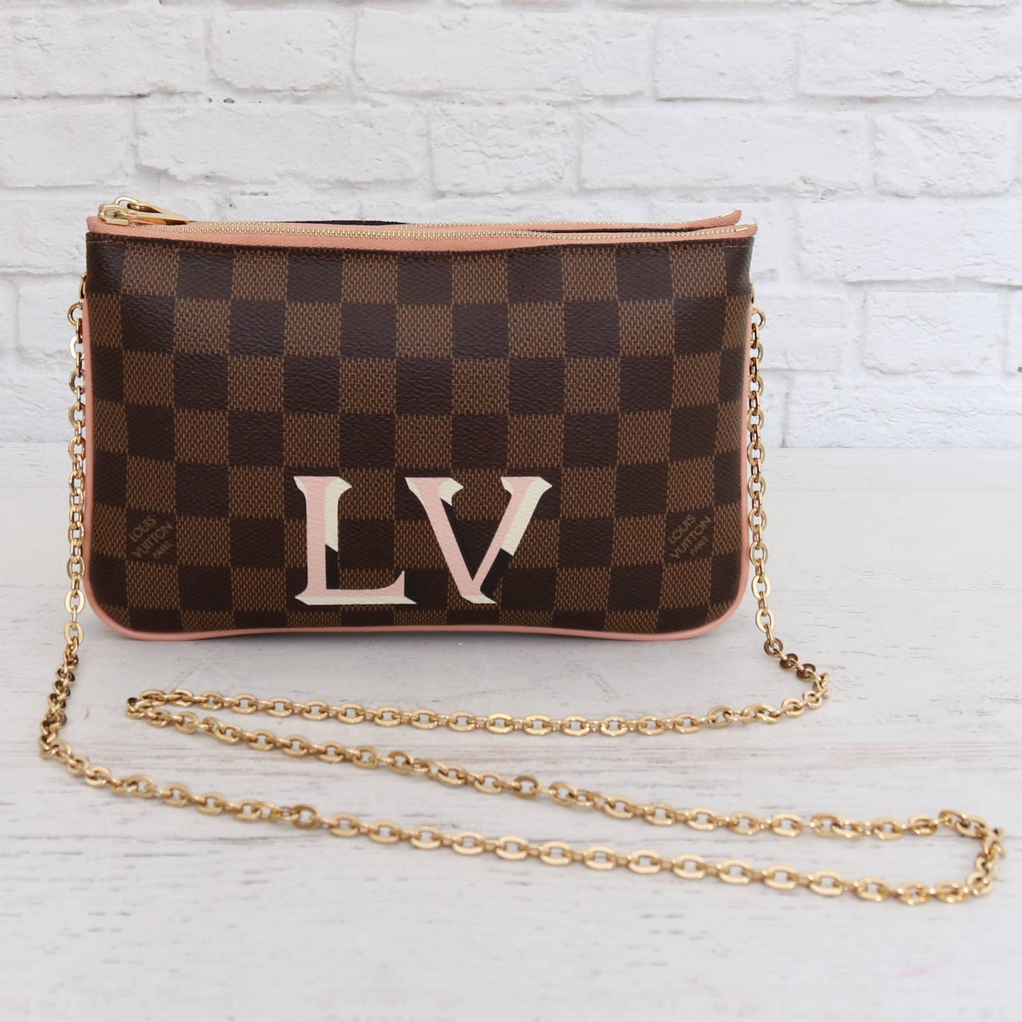 Louis Vuitton Double Zip Pochette Damier Ebene Crossbody Chain Bag