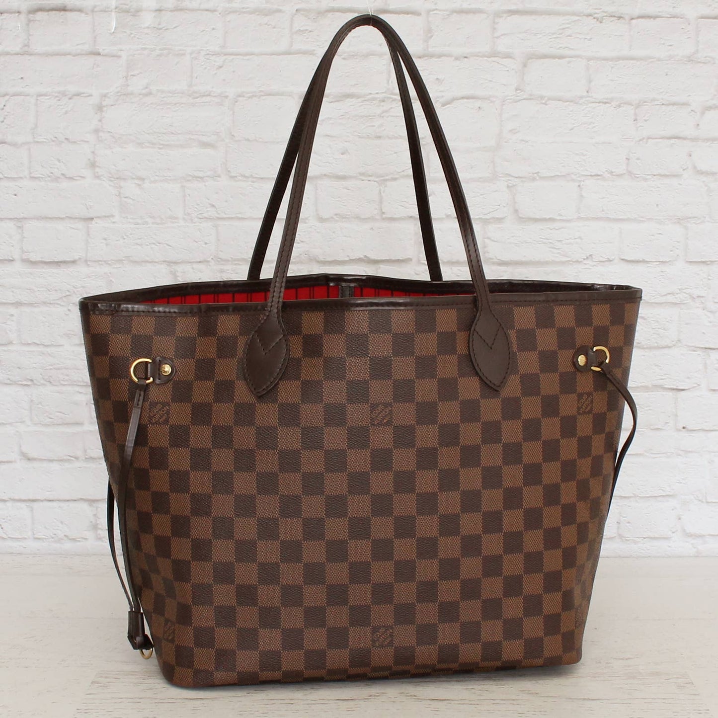 Louis Vuitton Neverfull MM Damier Ebene Tote Red Interior Shoulder Bag