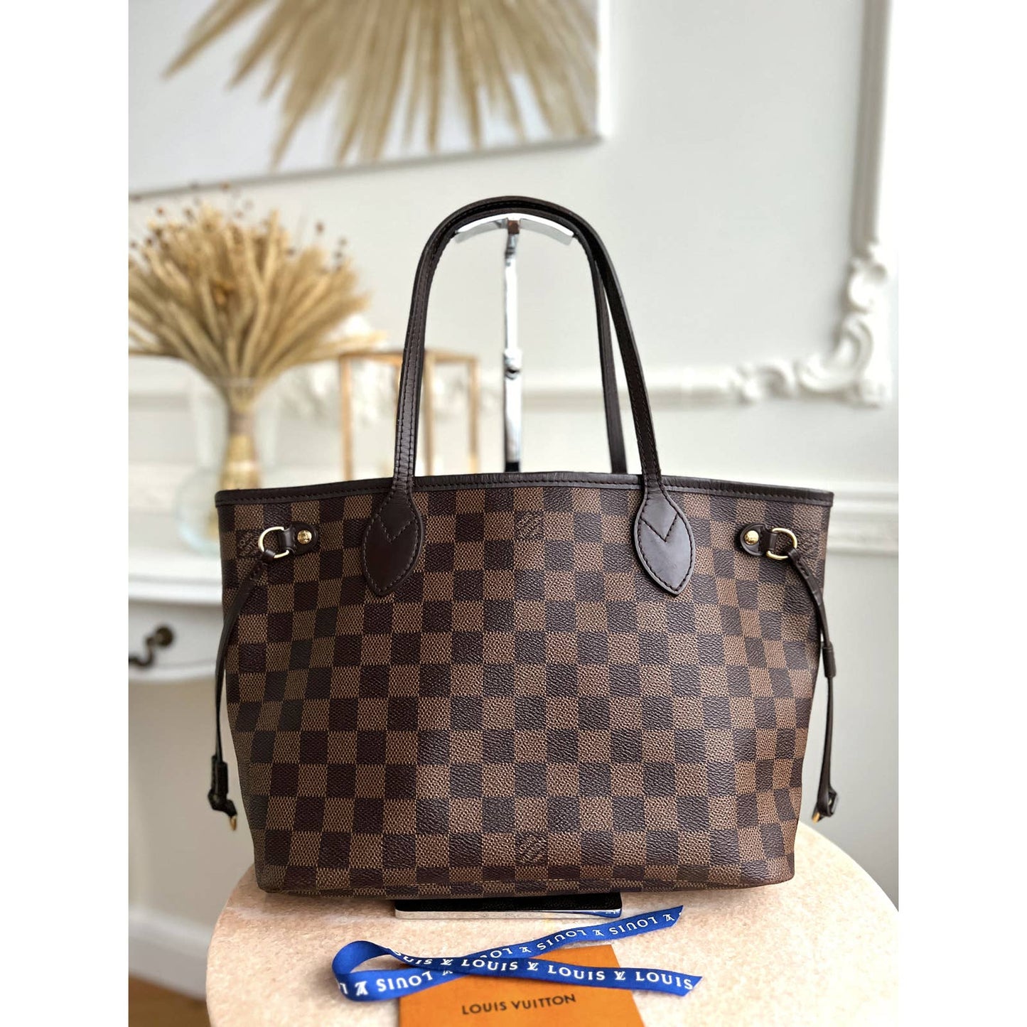 Louis Vuitton Neverfull PM Damier Ebene Leather Tote Shoulder Bag Zip