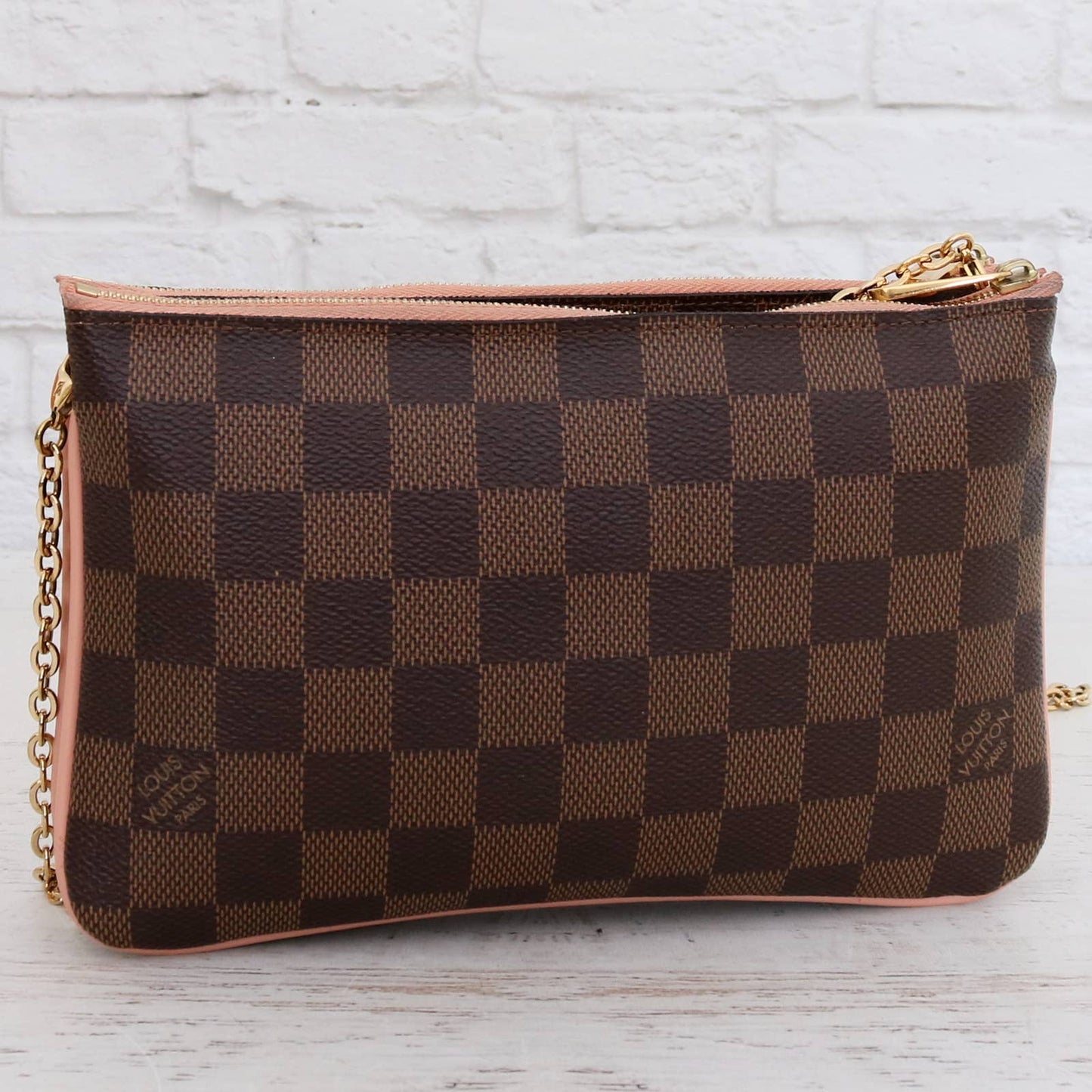 Louis Vuitton Double Zip Pochette Damier Ebene Crossbody Chain Bag