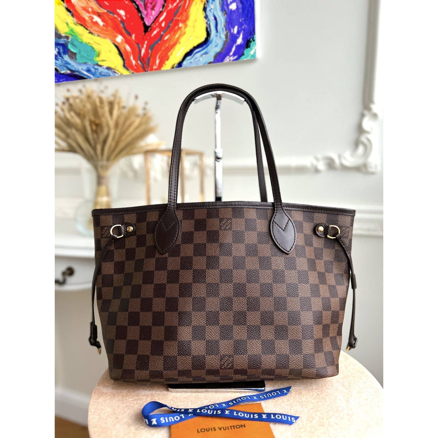 Louis Vuitton Neverfull PM Damier Ebene Leather Tote Shoulder Bag Zip