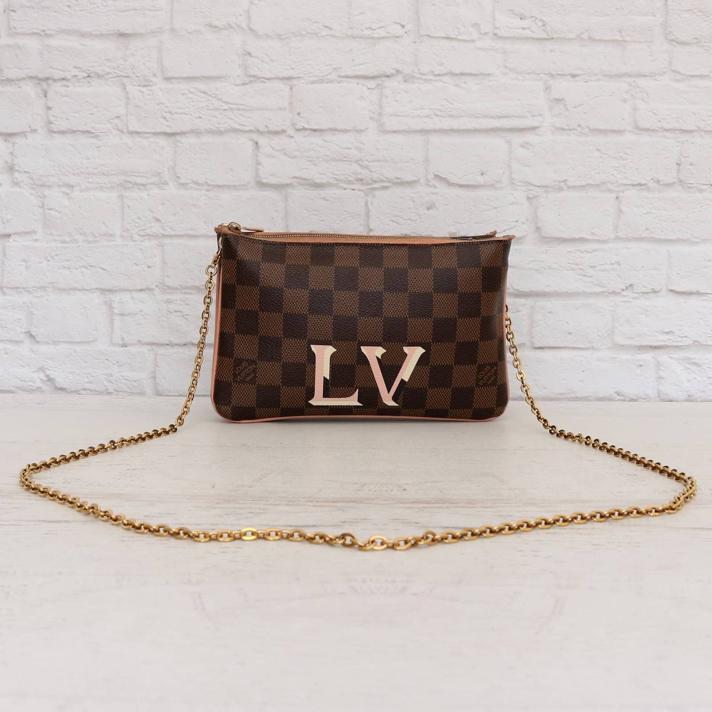 Louis Vuitton Double Zip Pochette Damier Ebene Crossbody Purse Chain