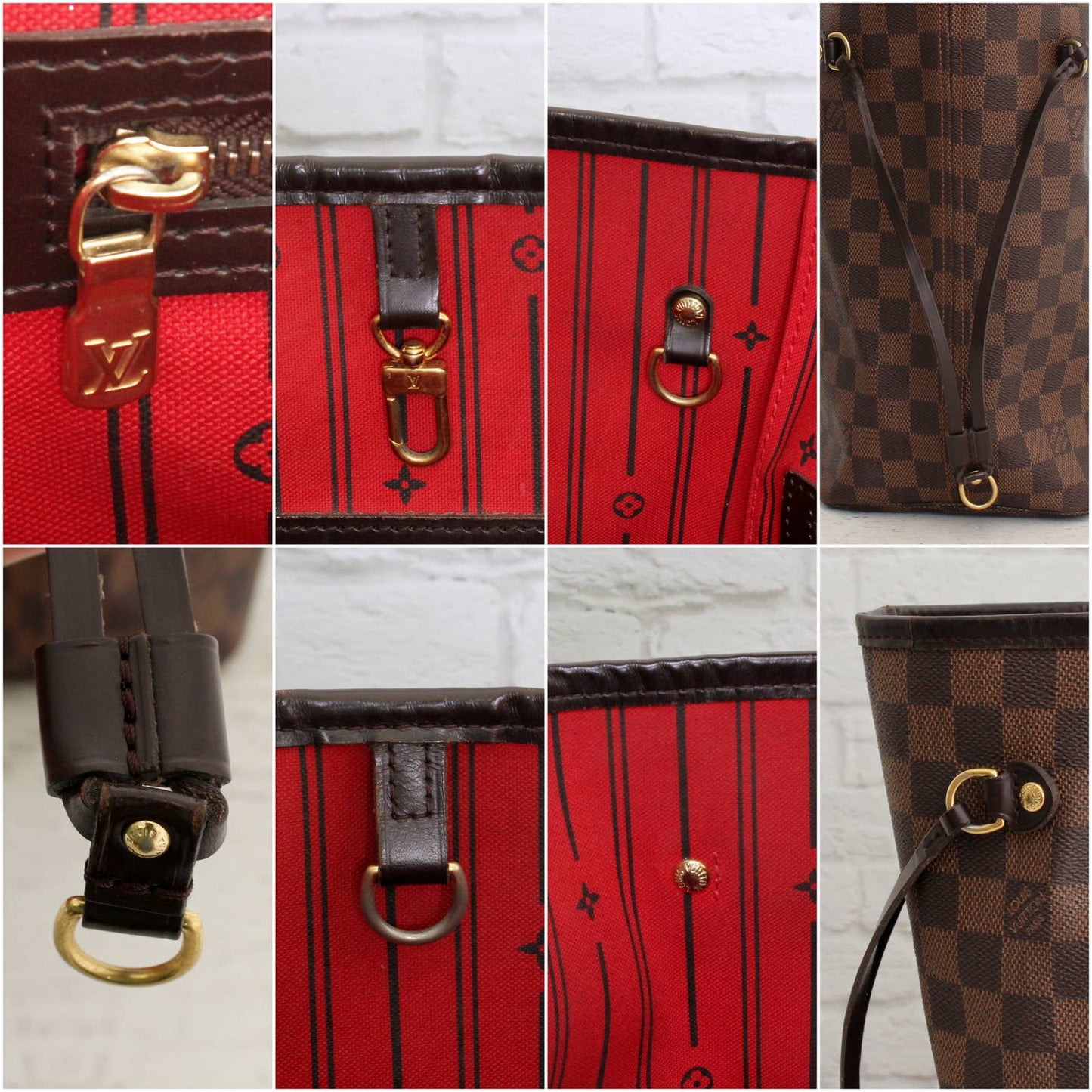 Louis Vuitton Neverfull MM Damier Ebene Cherry Red Leather Shoulder LV