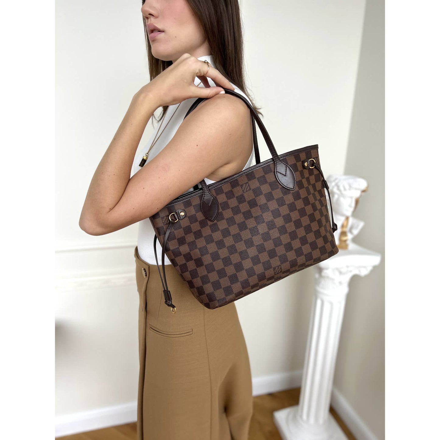 Louis Vuitton Neverfull PM Damier Ebene Leather Tote Shoulder Bag Zip