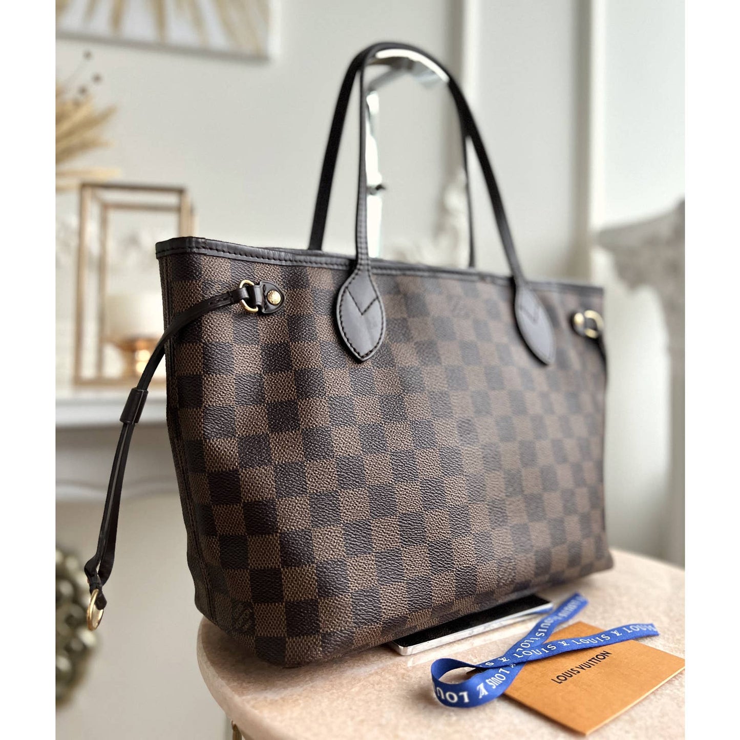 Louis Vuitton Neverfull PM Damier Ebene Leather Tote Shoulder Bag Zip