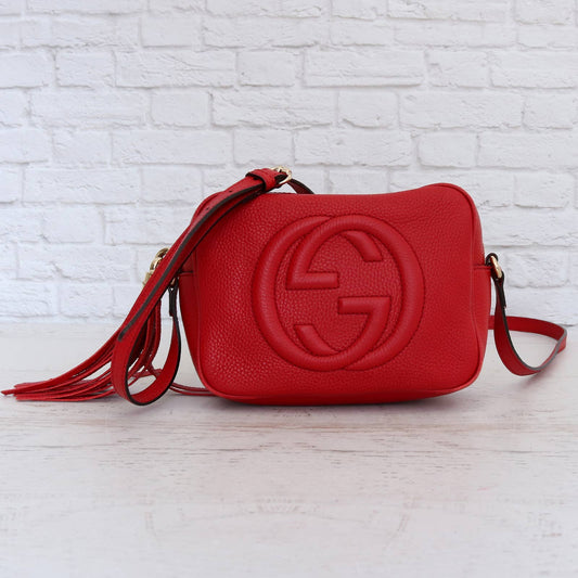 Gucci Soho Disco Crossbody Red Handbag Shoulder Bag Zip Pebbled Leather Purse