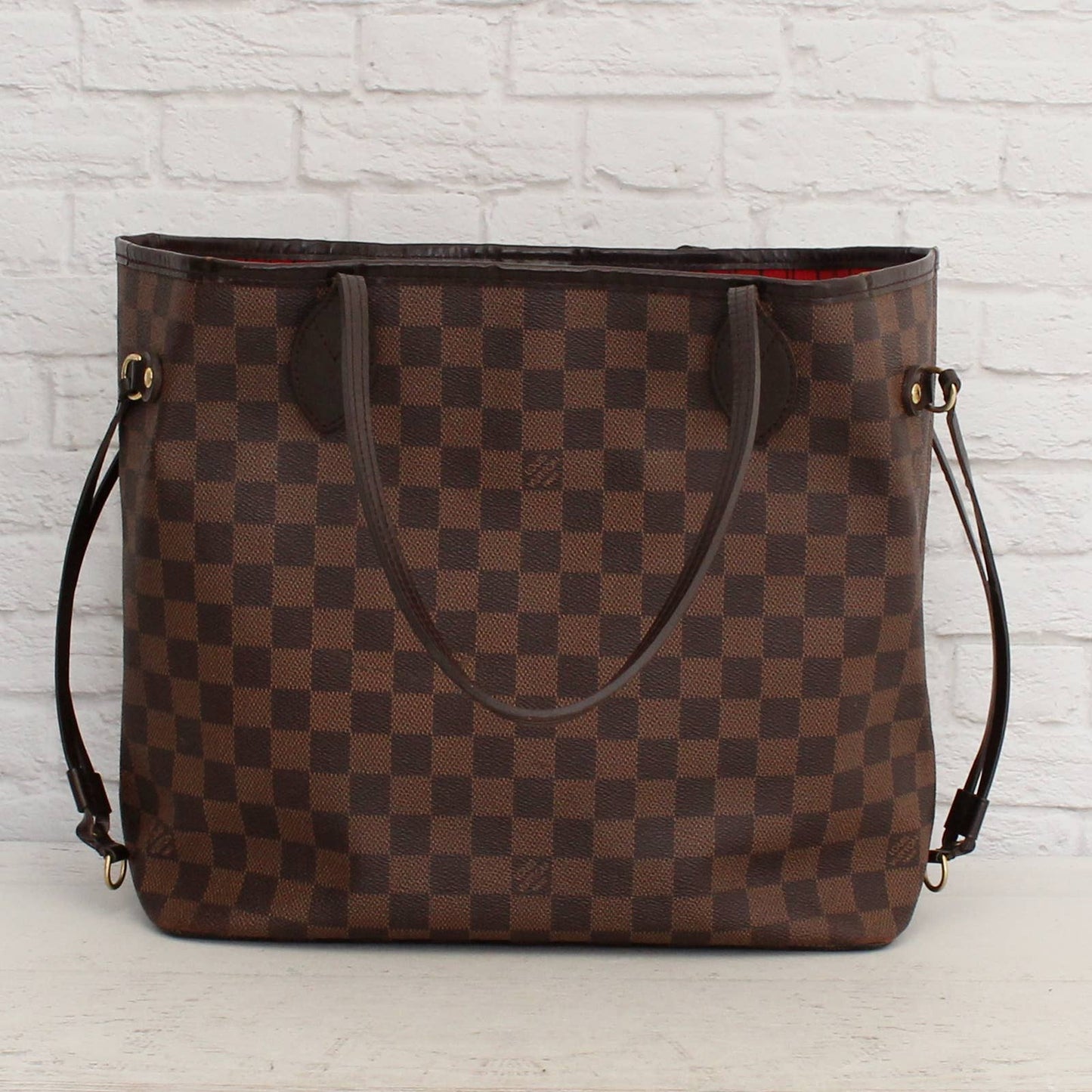 Louis Vuitton Neverfull MM Damier Ebene Cherry Red Leather Shoulder LV