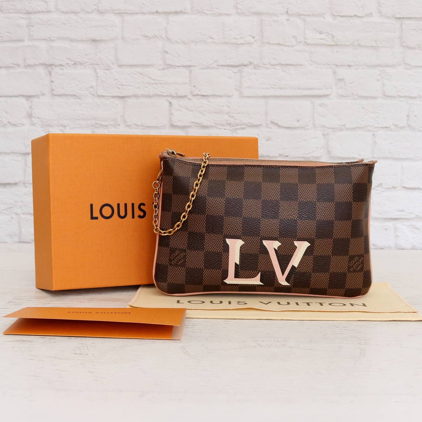 Louis Vuitton Double Zip Pochette Damier Ebene Crossbody Purse Chain