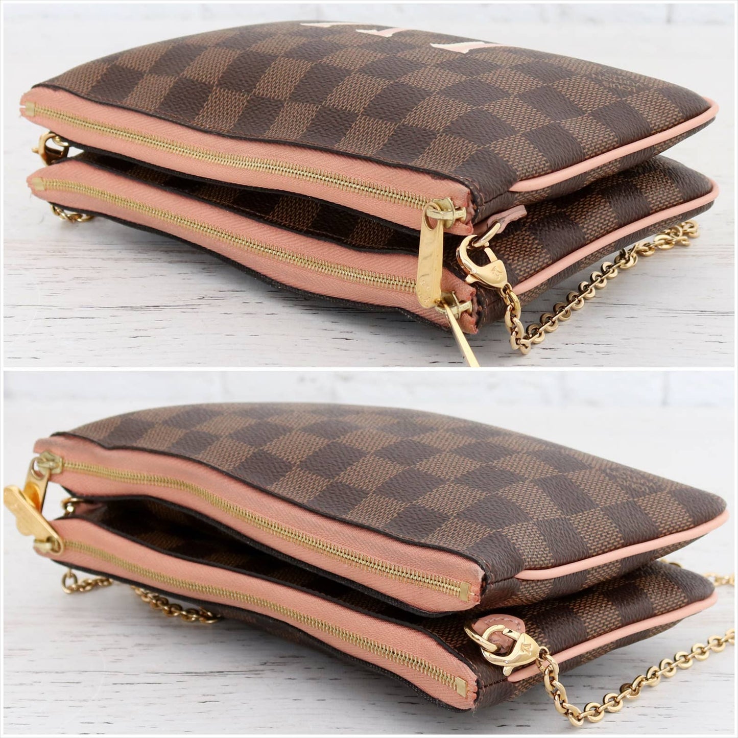 Louis Vuitton Double Zip Pochette Damier Ebene Crossbody Chain Bag