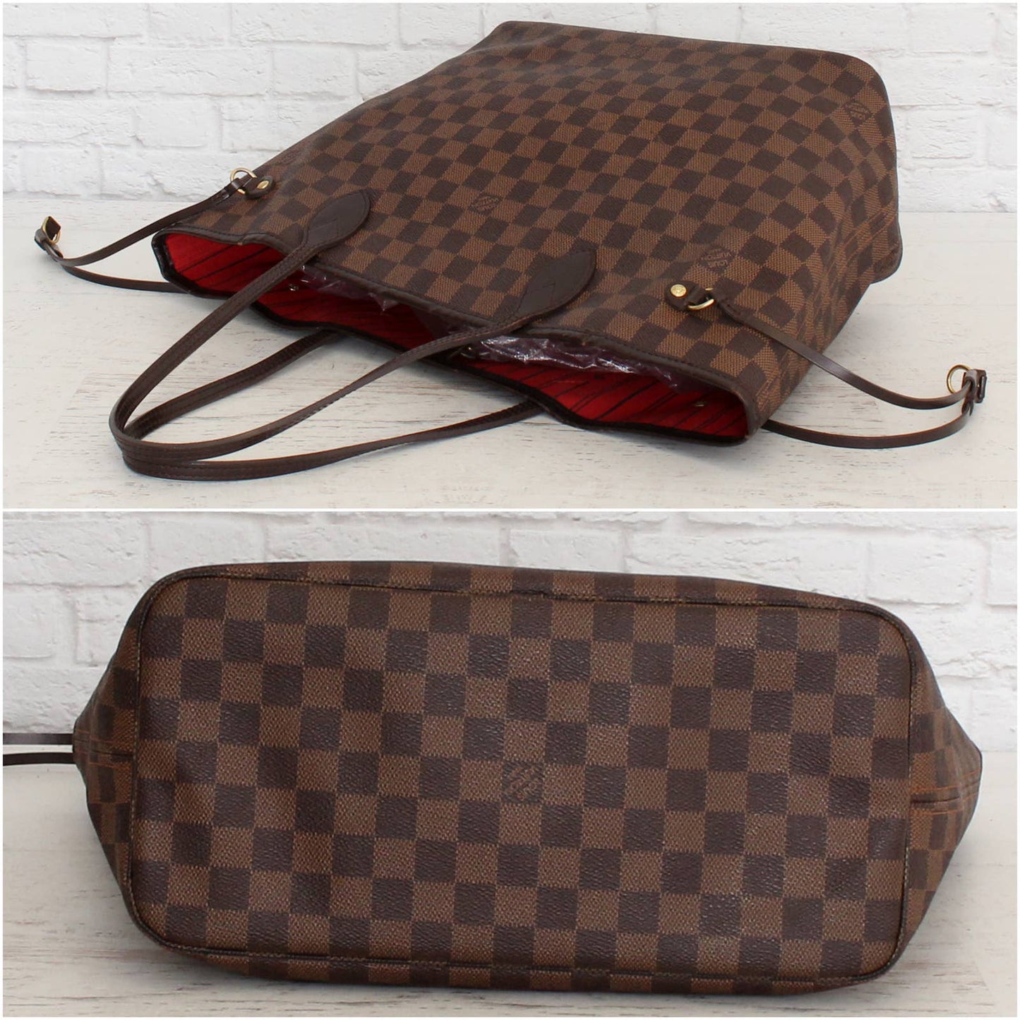 Louis Vuitton Neverfull MM Damier Ebene Cherry Red Leather Shoulder LV