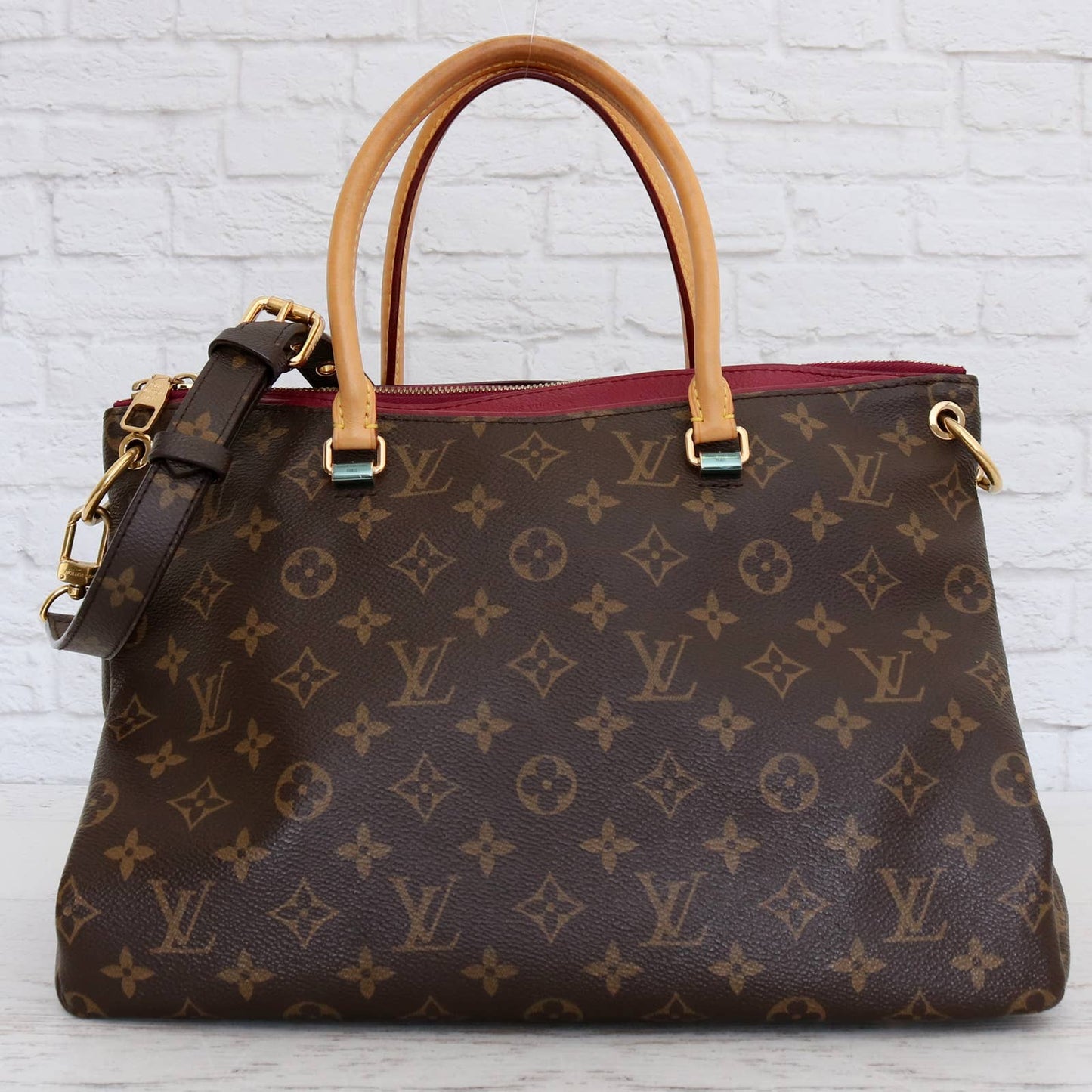 Louis Vuitton Pallas MM Monogram Shoulder Bag Purple Brown Satchel Zip