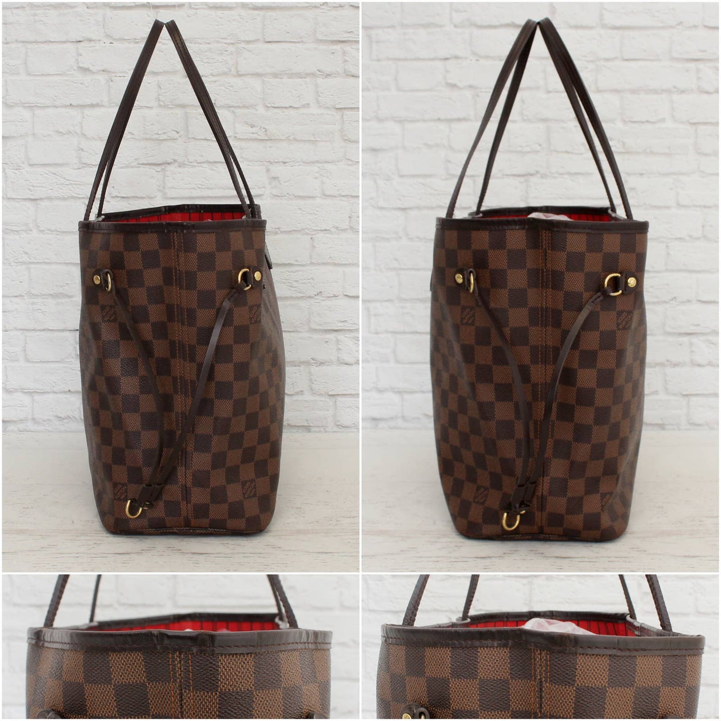 Louis Vuitton Neverfull MM Damier Ebene Cherry Red Leather Shoulder LV