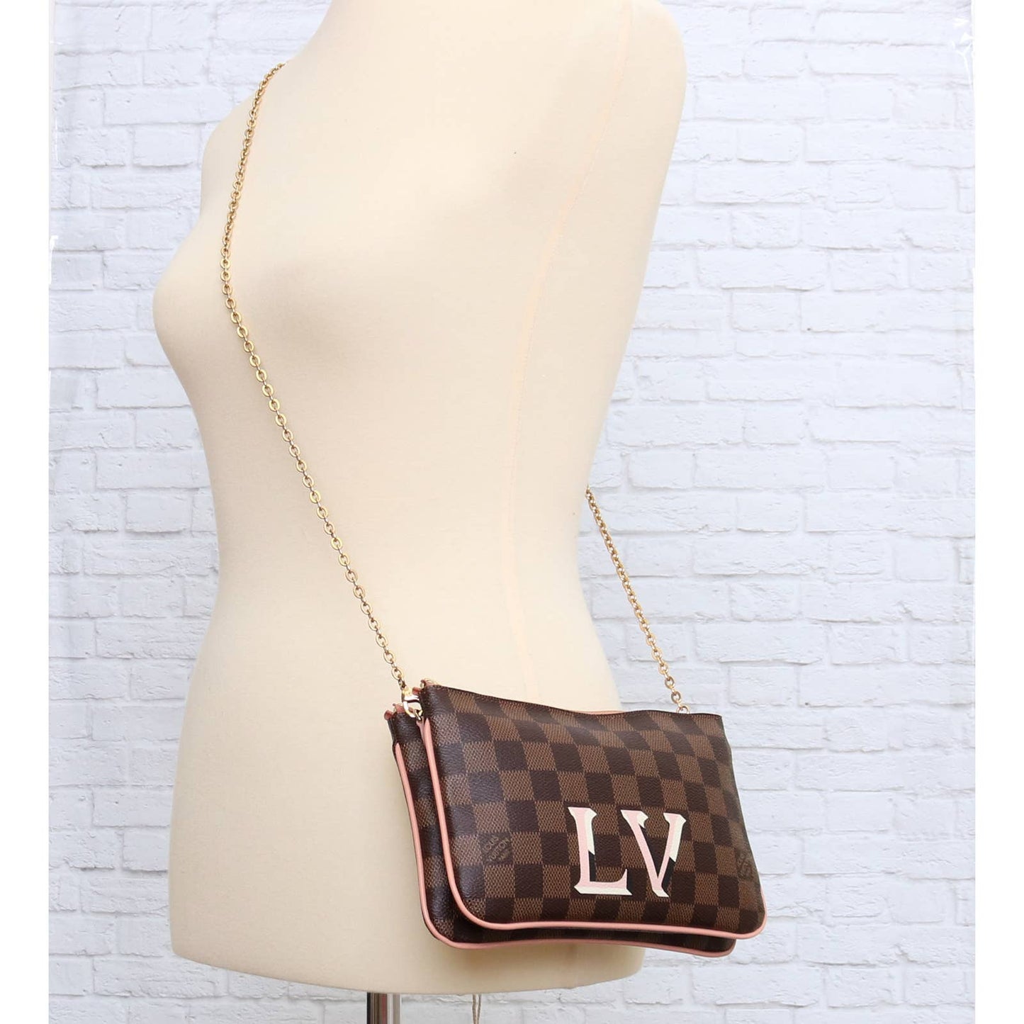 Louis Vuitton Double Zip Pochette Damier Ebene Crossbody Chain Bag