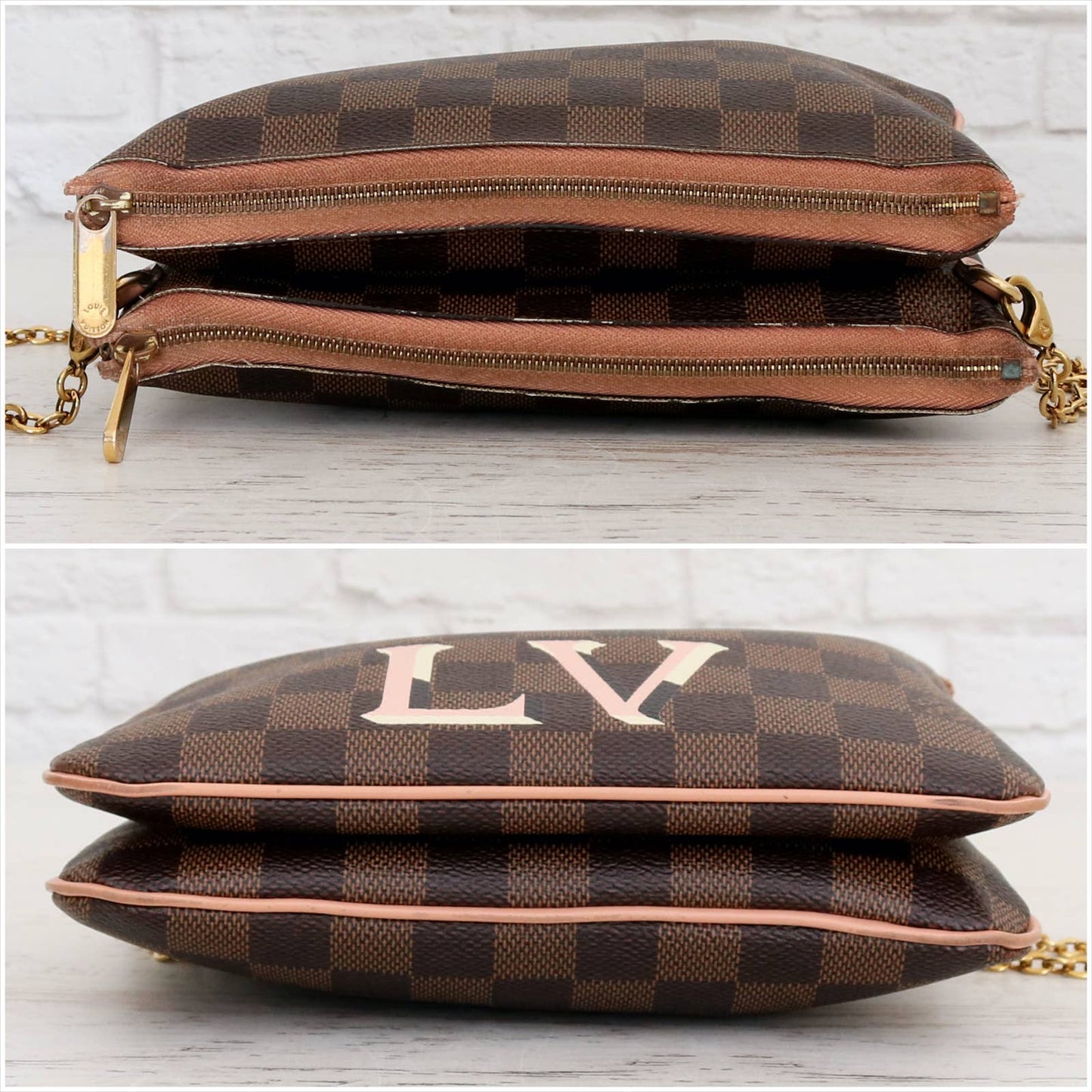 Louis Vuitton Double Zip Pochette Damier Ebene Crossbody Purse Chain