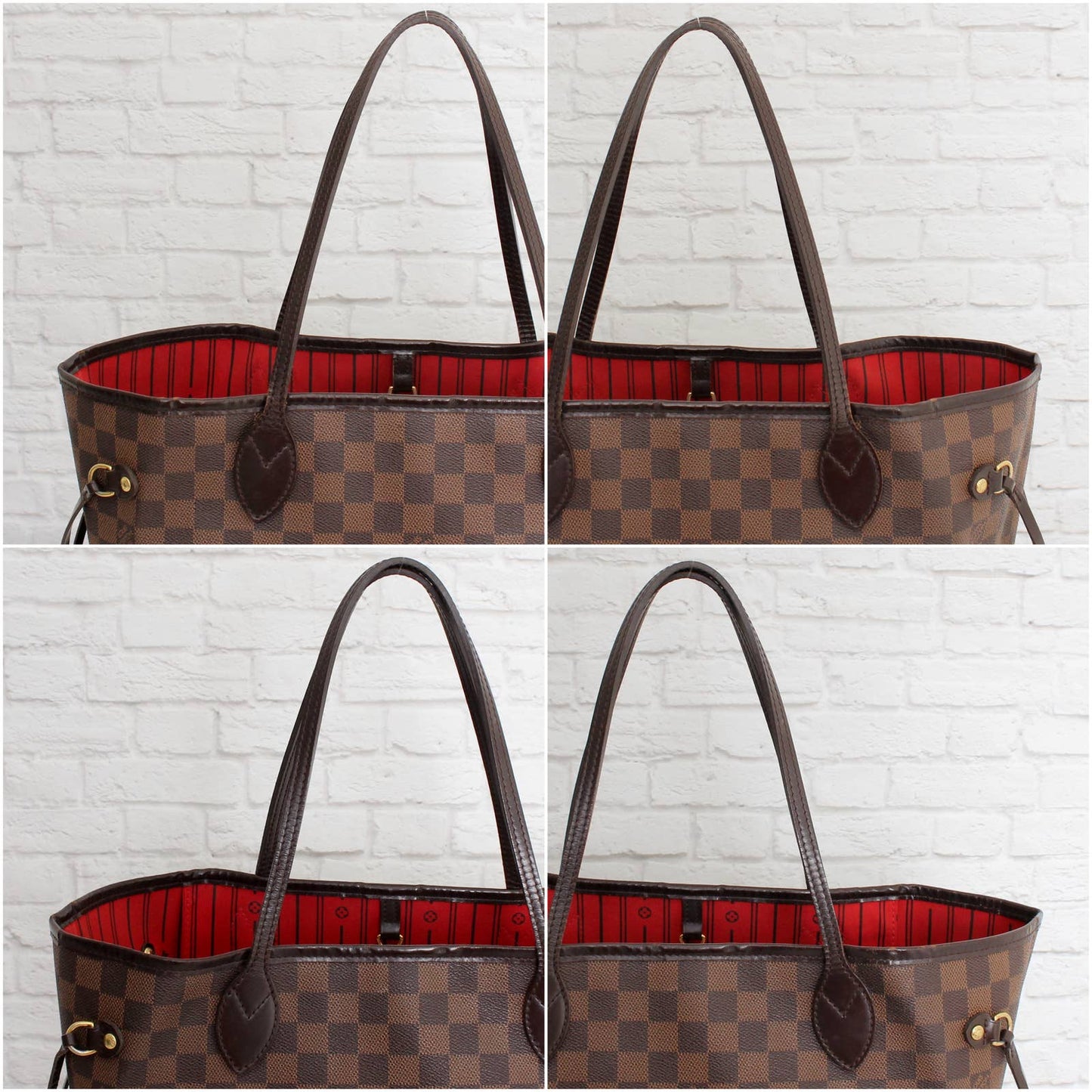 Louis Vuitton Neverfull MM Damier Ebene Cherry Red Leather Shoulder LV