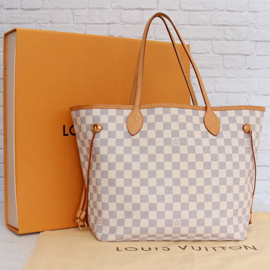 Louis Vuitton Neverfull MM Damier Azur Tote Shoulder Bag Dust Bag & Box