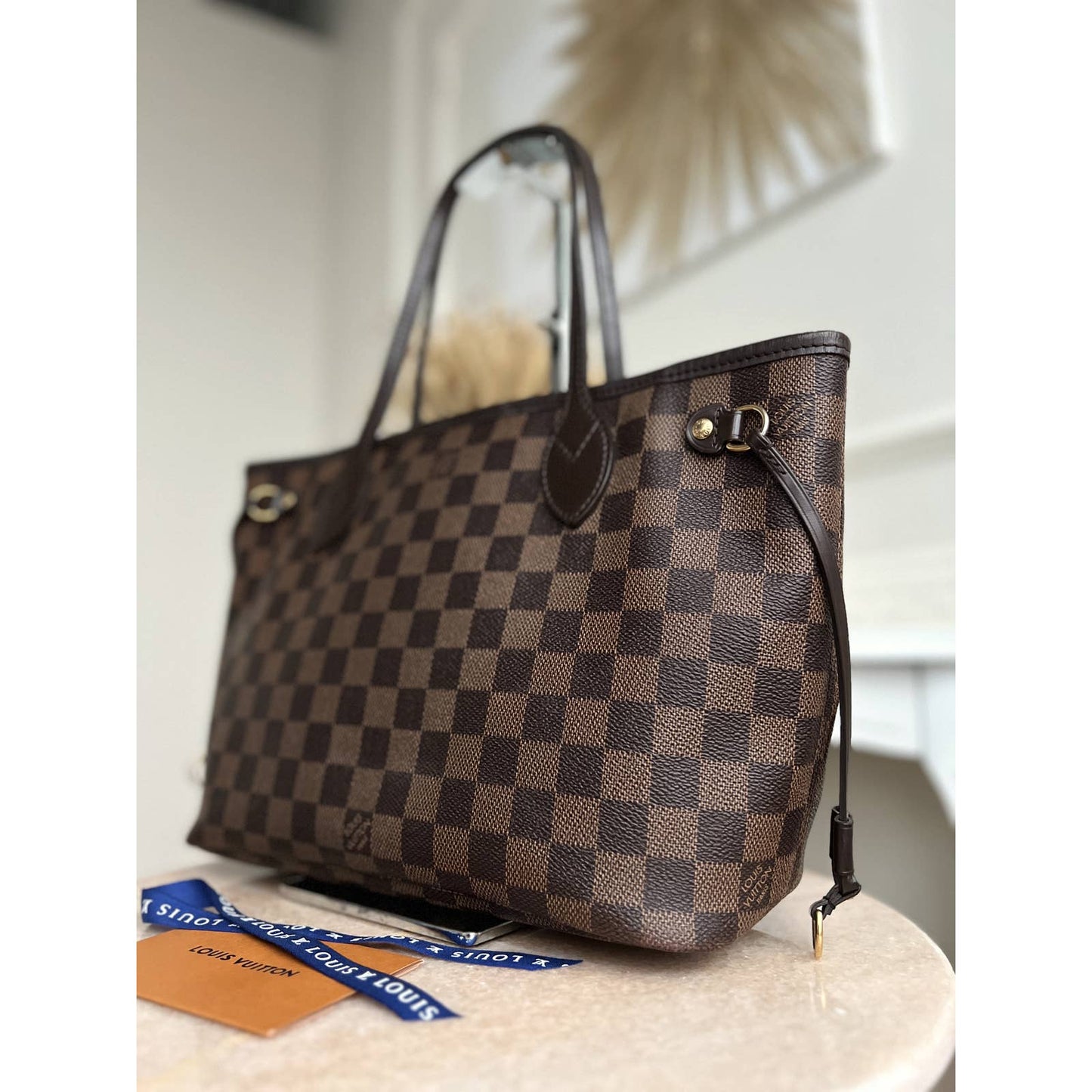 Louis Vuitton Neverfull PM Damier Ebene Leather Tote Shoulder Bag Zip